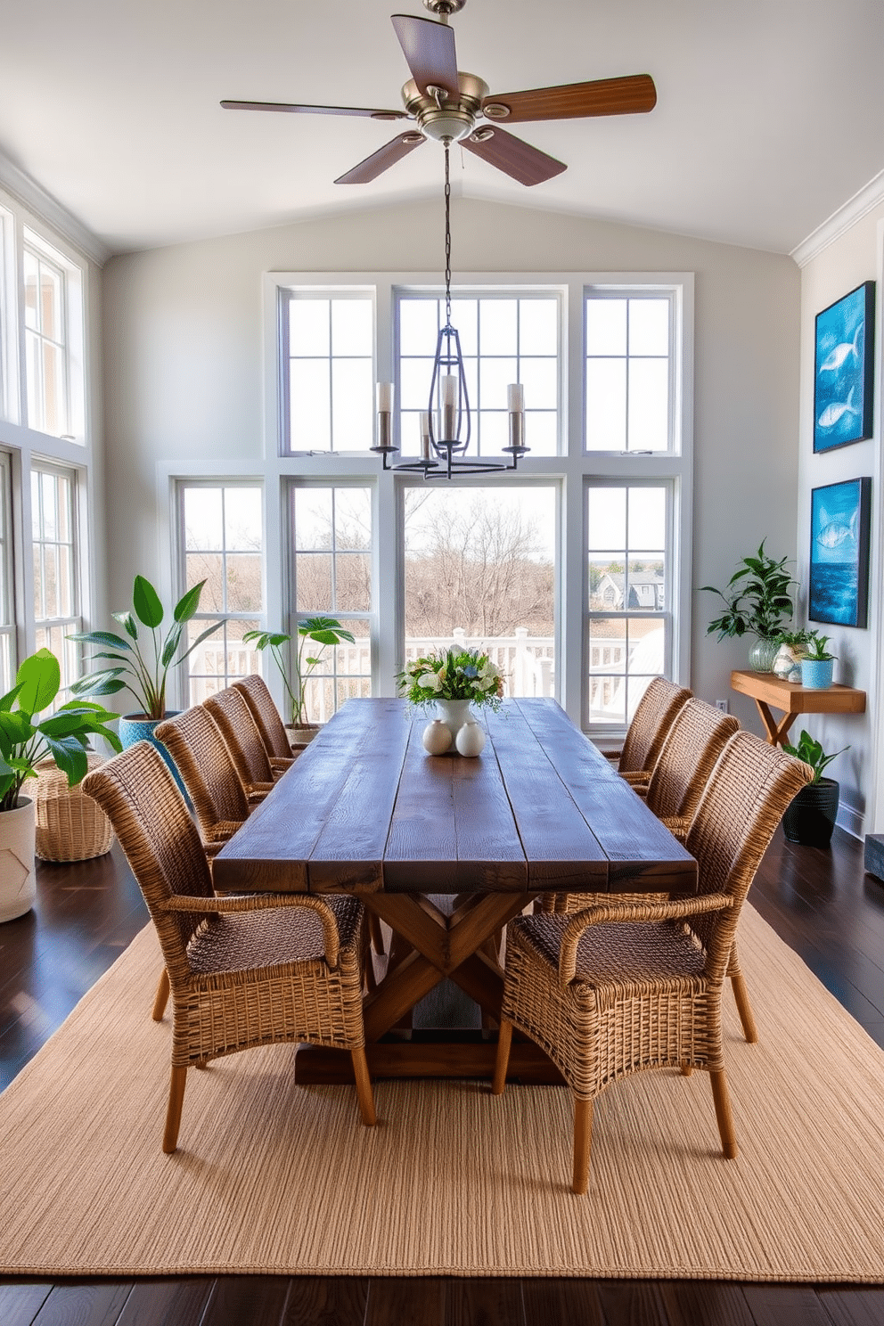 Bright artwork featuring marine life adorns the walls of a coastal-inspired dining room. The centerpiece is a large, rustic wooden table surrounded by woven chairs, creating a warm and inviting atmosphere. Large windows allow natural light to flood the space, enhancing the vibrant colors of the artwork. A soft, sandy-colored rug anchors the room, while potted plants add a touch of greenery to the decor.