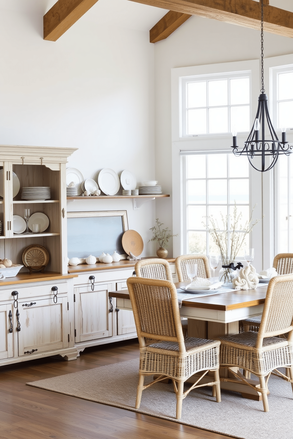 A charming cottage-style buffet features a distressed white finish with intricate woodwork and ample storage space. Above the buffet, vintage plates are displayed on a rustic shelf, complemented by soft, warm lighting from a nearby pendant lamp. The beach dining room design incorporates a light, airy atmosphere with a large wooden dining table surrounded by woven chairs. Large windows allow natural light to flood the space, while ocean-inspired decor, such as seashell centerpieces and nautical accents, enhance the coastal vibe.