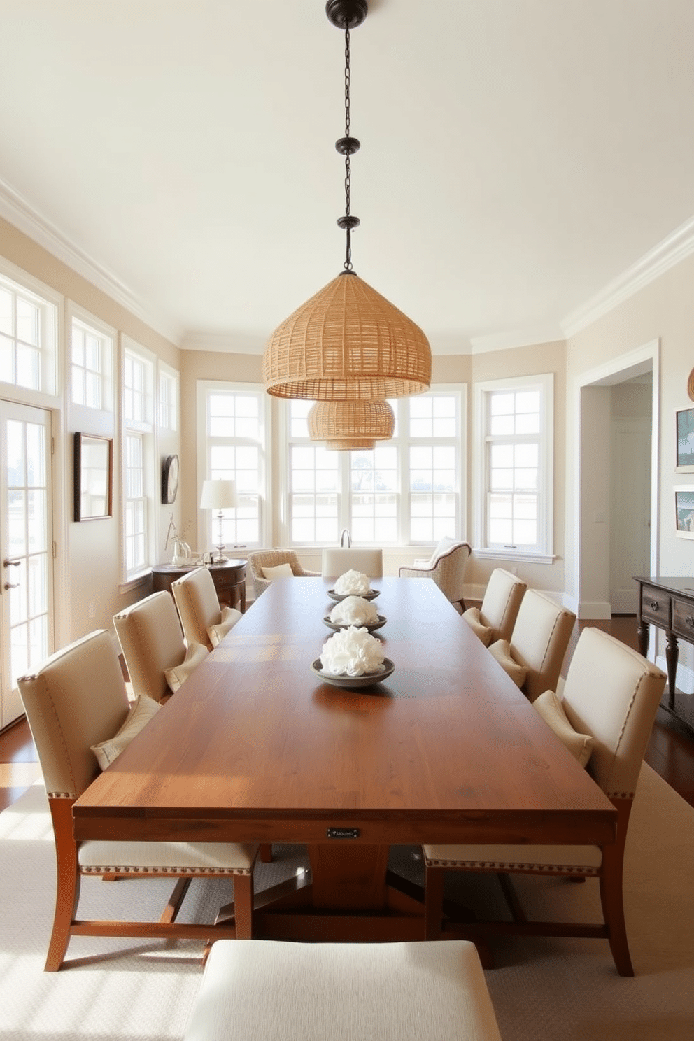 A bright and airy dining room featuring a large wooden table surrounded by comfortable, upholstered chairs. Above the table, beachy pendant lights with woven rattan shades hang, casting a warm glow over the space. The walls are painted in a soft, sandy beige, complementing the natural light that floods in through large windows. Coastal decor accents, such as seashell centerpieces and ocean-inspired artwork, enhance the beachy vibe of the room.