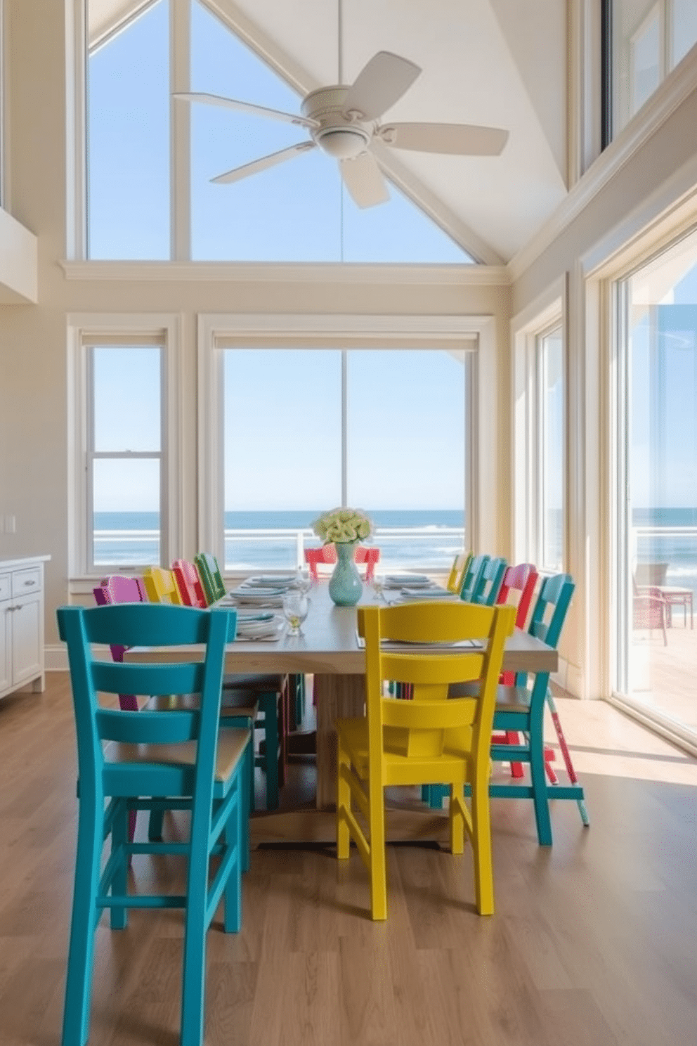 A vibrant beach dining room features colorful chairs that add a playful contrast to the soft, sandy tones of the surrounding decor. The table is set with a light wood finish, complemented by a backdrop of large windows that invite natural light and ocean views.