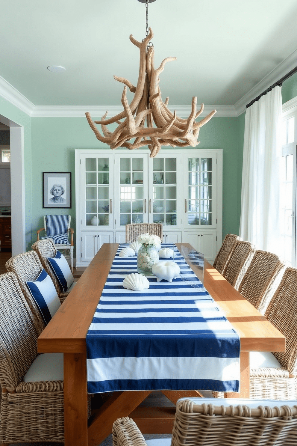 A beach dining room features a large wooden table adorned with nautical-striped table linens in shades of navy and white. Surrounding the table are comfortable wicker chairs, and the walls are painted a soft seafoam green, evoking a coastal vibe. Above the table, a statement chandelier made of driftwood adds an organic touch, while large windows allow natural light to flood the space. Decorative elements include seashell centerpieces and light, airy curtains that gently sway with the ocean breeze.