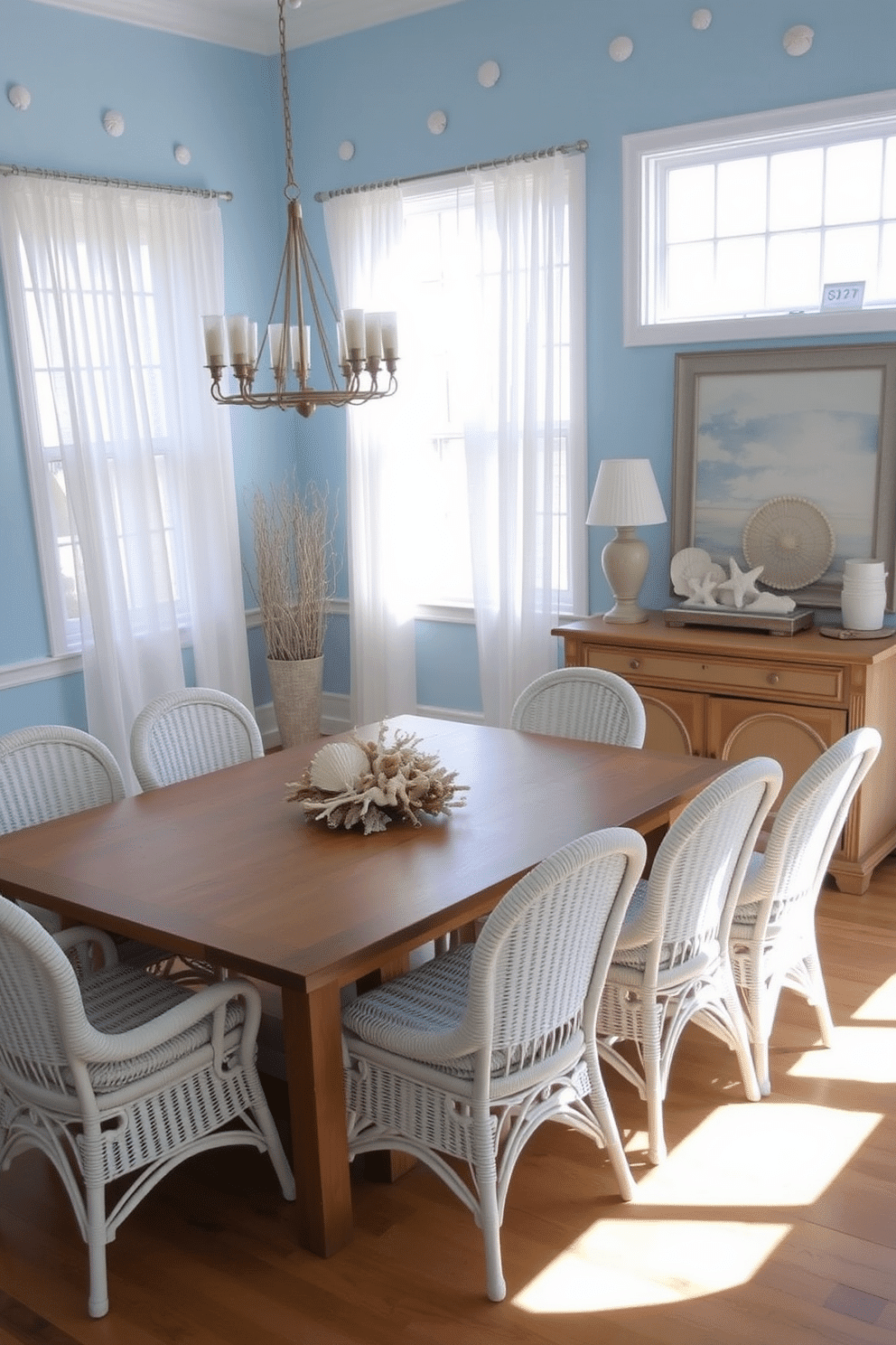 Light blue walls adorned with seashell accents create a serene coastal atmosphere. A large wooden dining table is surrounded by white wicker chairs, complemented by a centerpiece of coral and driftwood. Natural light floods the space through large windows dressed in sheer white curtains. A stylish sideboard displays nautical-themed decor, enhancing the beach-inspired dining experience.