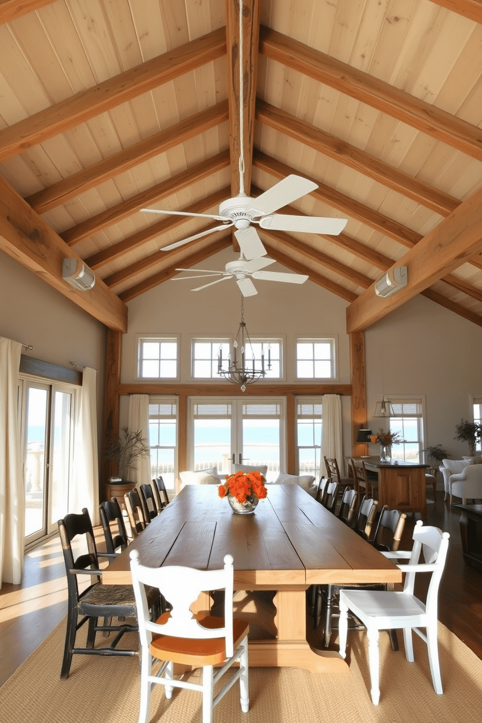 A beach dining room with rustic wood beams overhead, creating a warm and inviting atmosphere. The large dining table is made of reclaimed wood, surrounded by mismatched chairs that add character and charm. Natural light floods the space through large windows, showcasing views of the ocean. Soft, airy curtains flutter gently in the breeze, enhancing the coastal feel of the room.