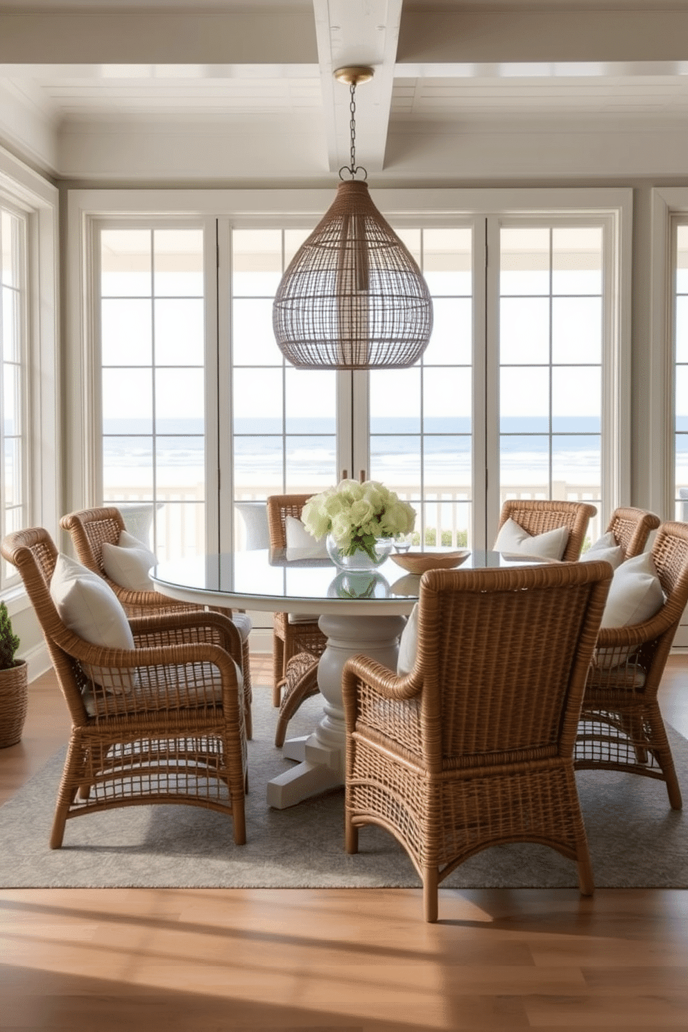 A coastal dining room features woven chairs adorned with soft, inviting cushions that enhance comfort and style. The table is set against a backdrop of large windows, allowing natural light to flood the space and offering stunning views of the beach outside.