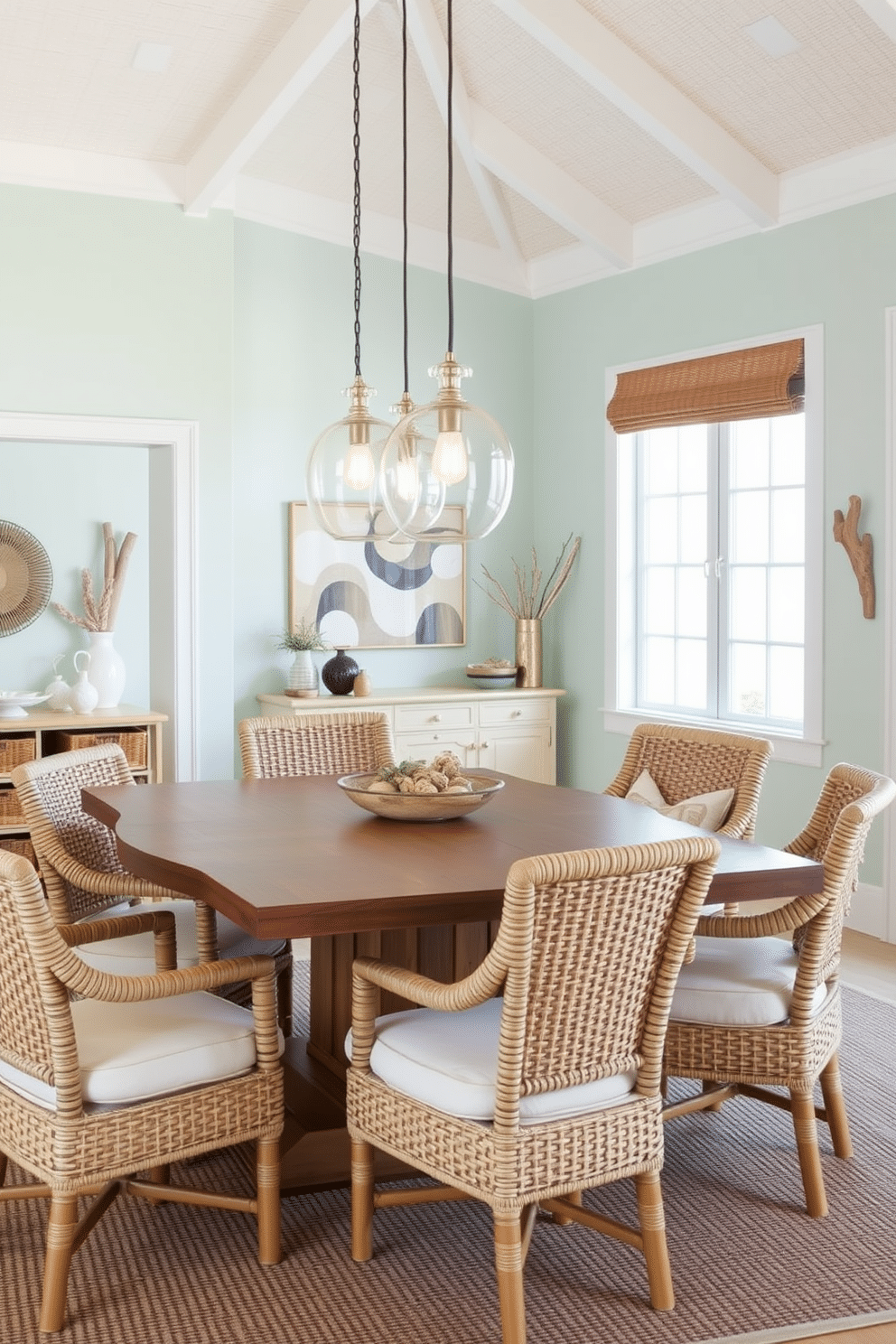 A beach dining room designed to evoke a sense of calm and relaxation. The space features a large wooden dining table surrounded by light, woven chairs, with soft cushions for added comfort. Above the table, elegant glass pendant lights hang, casting a warm glow that enhances the airy atmosphere. The walls are painted in a soft seafoam color, complemented by natural textures like jute and driftwood accents throughout the room.