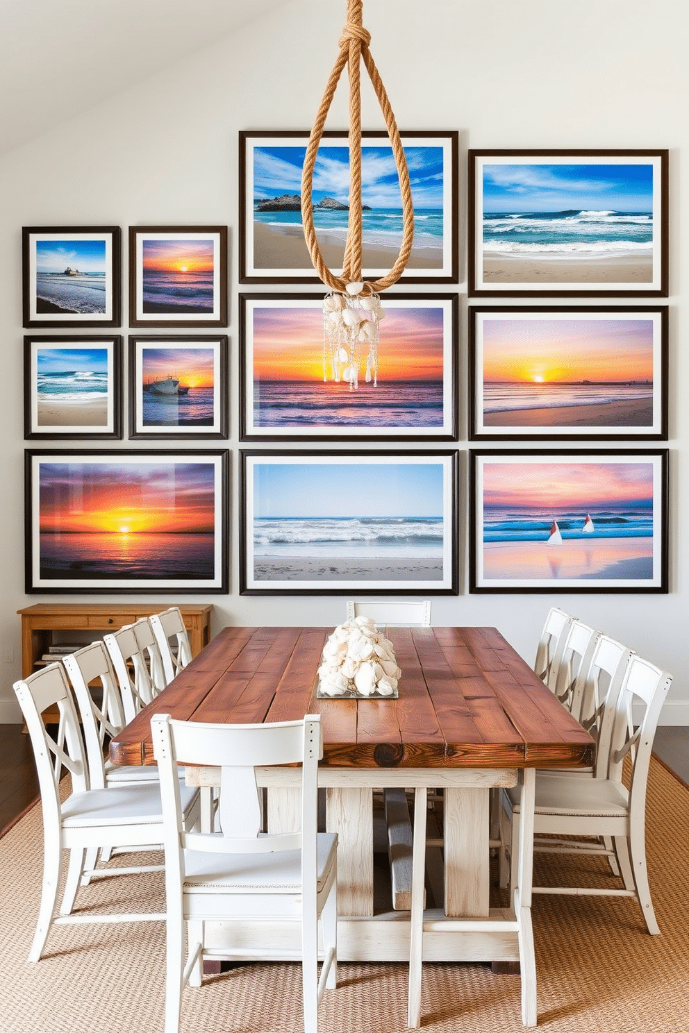 A gallery wall adorned with stunning beach photography captures the essence of coastal living. Each framed image showcases vibrant sunsets, serene waves, and sandy shores, creating a tranquil atmosphere in the room. A beach dining room features a large, reclaimed wood table surrounded by whitewashed chairs. Nautical accents like rope chandeliers and seashell centerpieces enhance the coastal theme, inviting relaxed gatherings with family and friends.