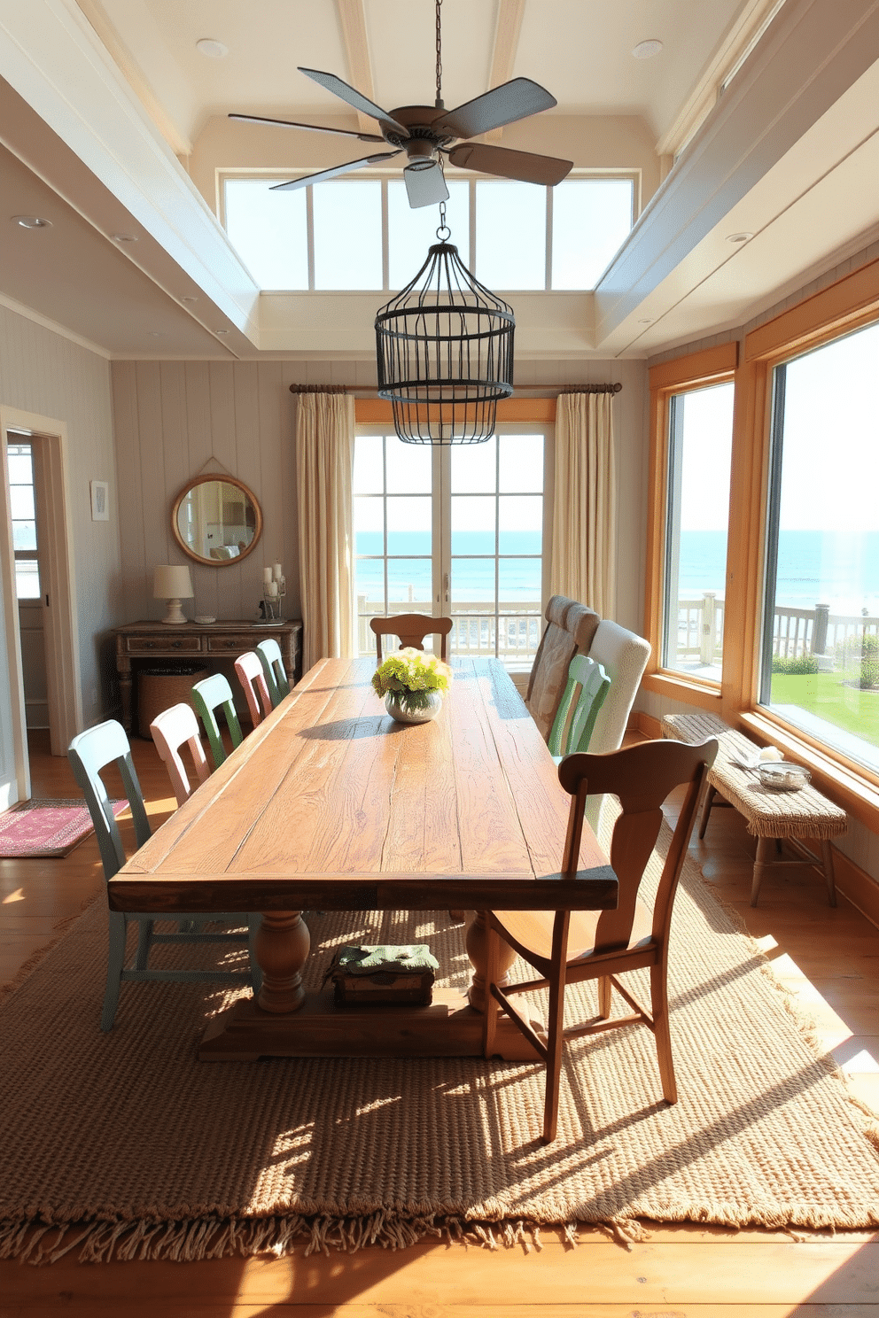 A beach dining room featuring a large wooden table with a weathered finish, surrounded by mismatched chairs in soft pastel colors. Natural fiber rugs layer the space, adding texture and warmth, while large windows allow ample sunlight to flood the room, showcasing a beautiful ocean view.