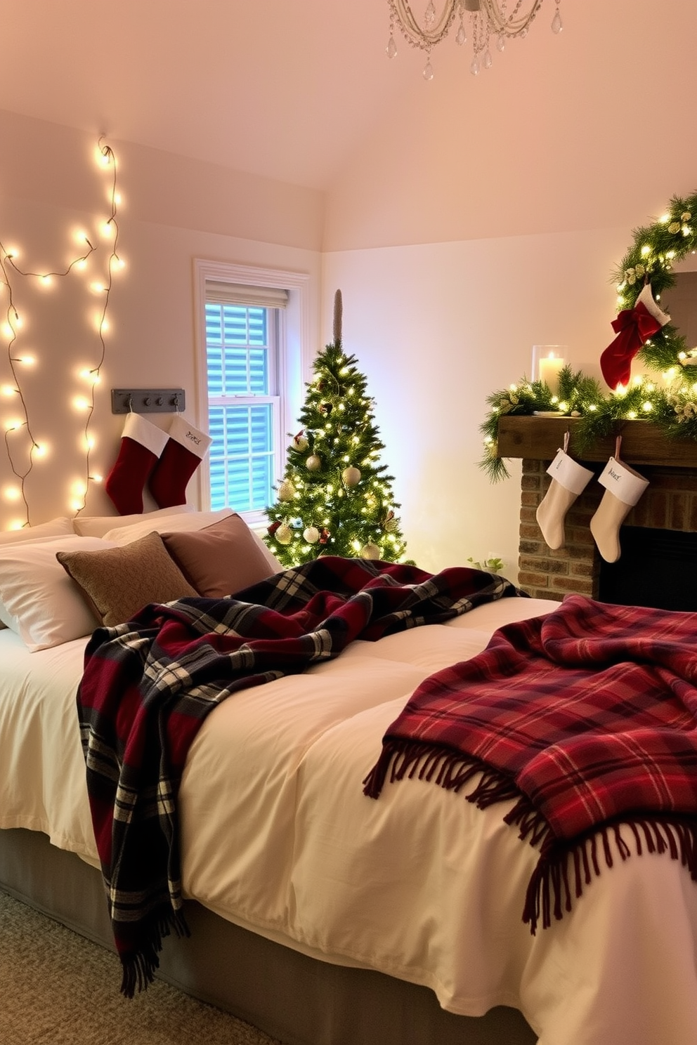 A cozy bedroom adorned with plaid throw blankets draped over a plush bed, inviting warmth and comfort. The space is illuminated by soft, ambient lighting, creating a serene atmosphere perfect for relaxation. The room features festive Christmas decorations, including a beautifully adorned tree in the corner and twinkling fairy lights strung along the walls. Stockings hang from a rustic mantel, adding a charming touch to the holiday ambiance.