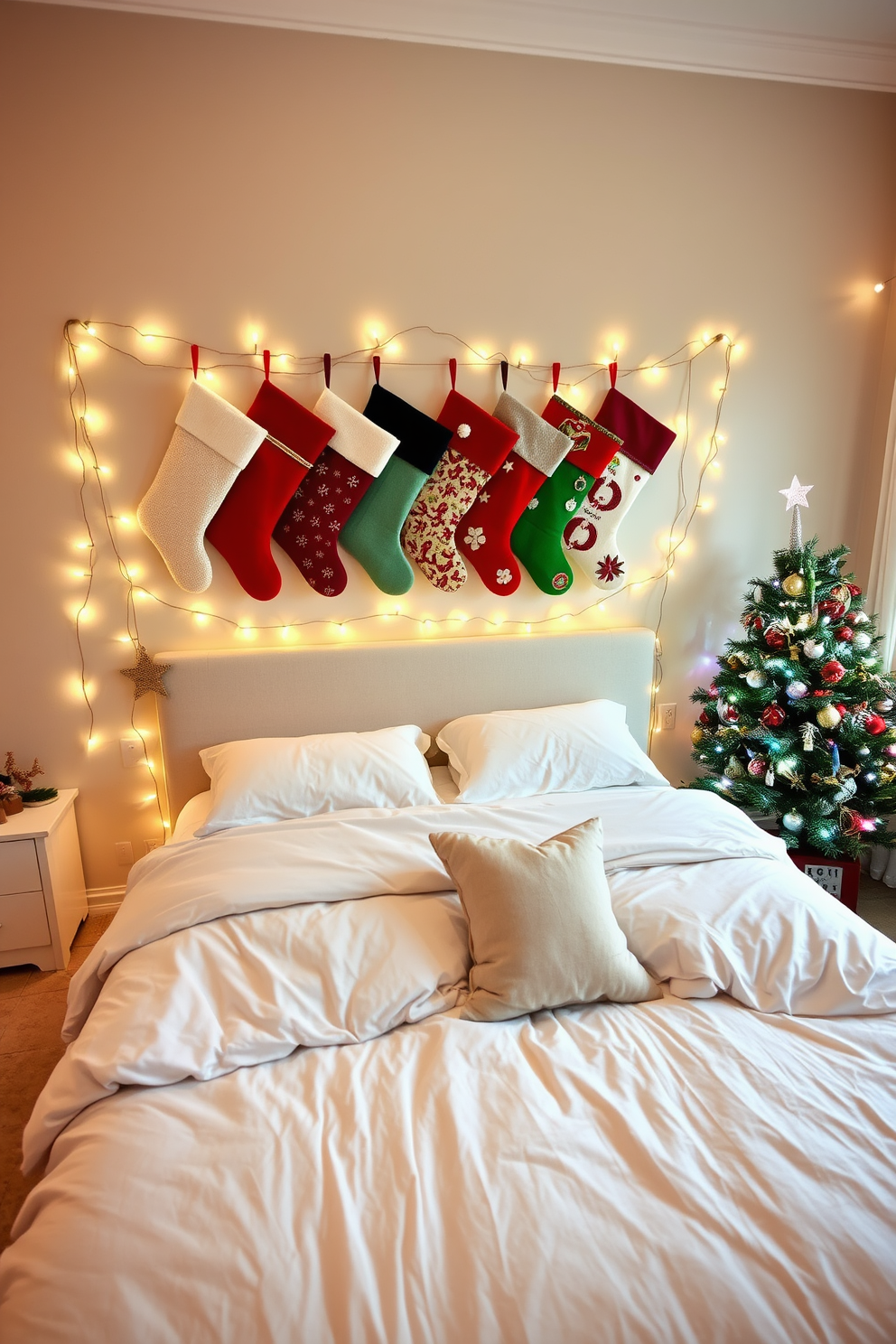 A cozy bedroom adorned for the holidays, featuring a beautifully decorated wall with colorful Christmas stockings hung in a staggered arrangement. The stockings are embellished with various textures and patterns, adding a festive touch to the soft, neutral-colored walls. A plush bed dressed in luxurious linens sits in the center of the room, surrounded by twinkling fairy lights and seasonal decor. A small, decorated Christmas tree in the corner complements the overall festive atmosphere, creating a warm and inviting space for the holidays.