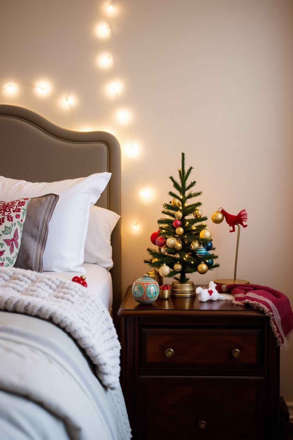 A collection of vintage ornaments is artfully arranged on a beautifully crafted wooden dresser. The ornaments, featuring intricate designs and rich colors, add a touch of nostalgia and charm to the room. For a festive bedroom, soft white string lights are draped around the headboard, creating a warm and inviting atmosphere. A small Christmas tree adorned with delicate ornaments sits in the corner, complemented by cozy blankets and seasonal pillows on the bed.