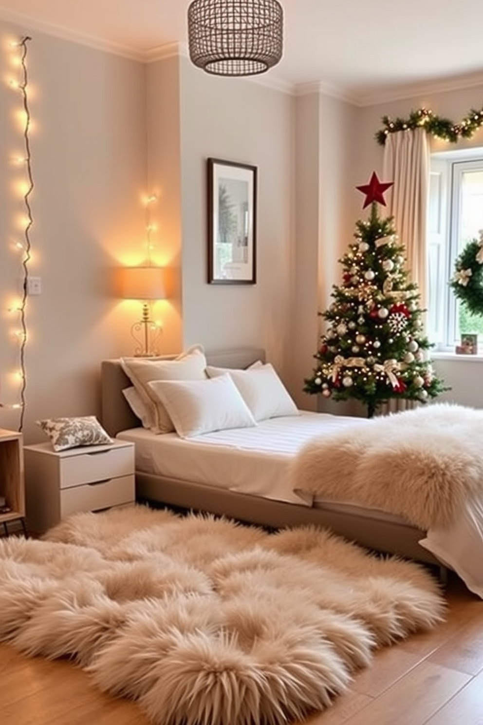 A cozy bedroom adorned with soft, plush fur rugs that invite warmth and comfort underfoot. The room is decorated with festive Christmas accents, including a beautifully adorned tree in the corner and twinkling fairy lights strung along the walls.