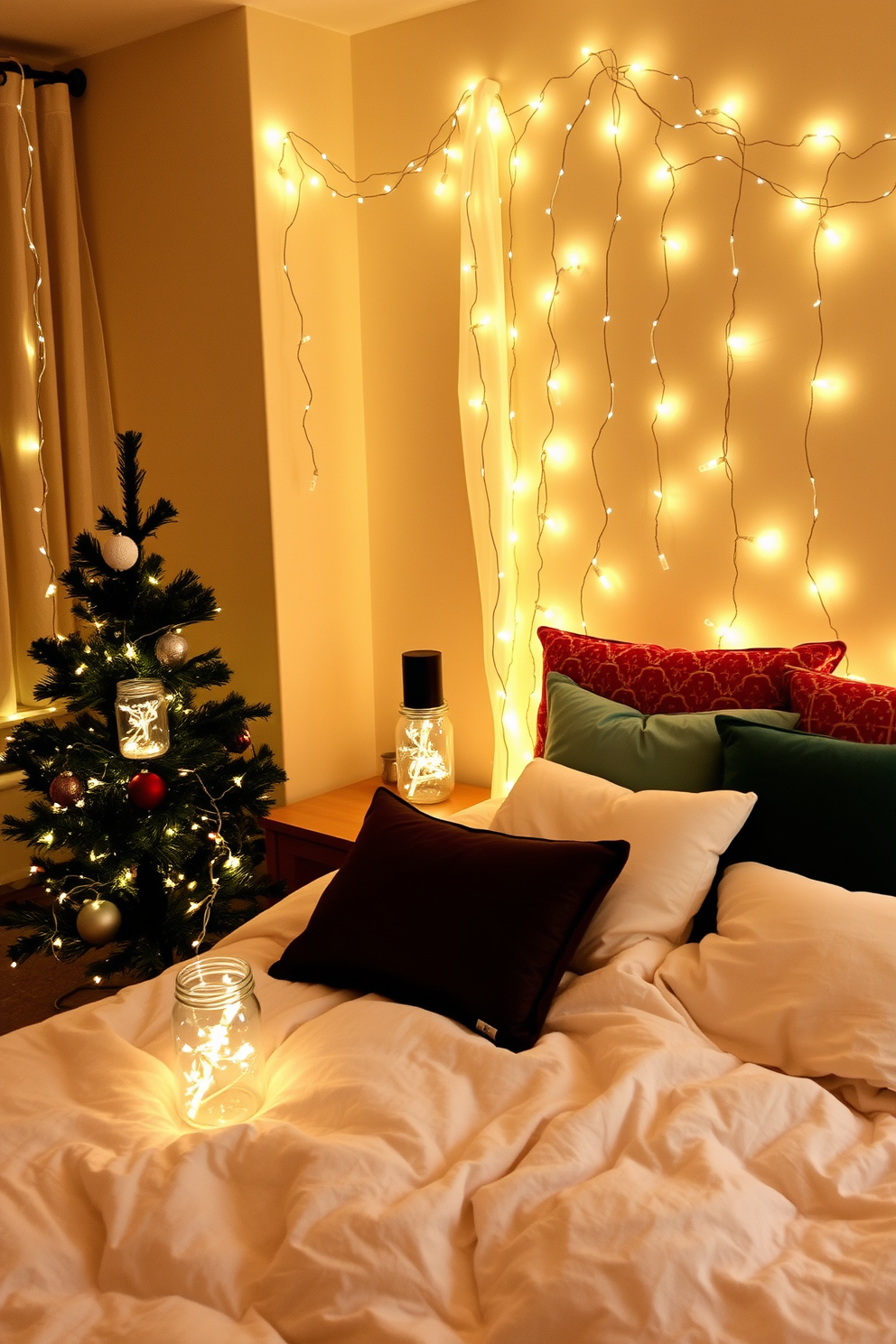 A cozy bedroom adorned with twinkling fairy lights nestled in glass jars, creating a warm and inviting atmosphere. The soft glow of the lights illuminates the room, enhancing the festive spirit of the Christmas season. The bed is draped with a plush, white comforter, complemented by an array of colorful throw pillows. A small evergreen tree sits in the corner, decorated with ornaments that reflect the twinkling lights, adding a touch of holiday charm.