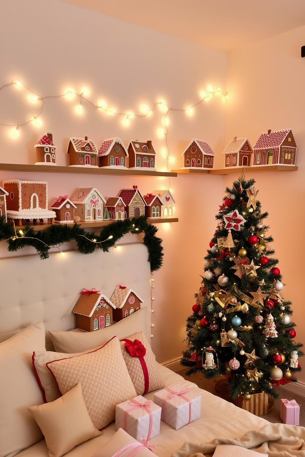 Gingerbread house decor on shelves. The shelves are adorned with an assortment of intricately decorated gingerbread houses, each showcasing unique designs and vibrant icing details. Bedroom Christmas decorating ideas. The bedroom features a cozy atmosphere with fairy lights draped over the headboard, complemented by a beautifully adorned Christmas tree in the corner, surrounded by wrapped gifts.