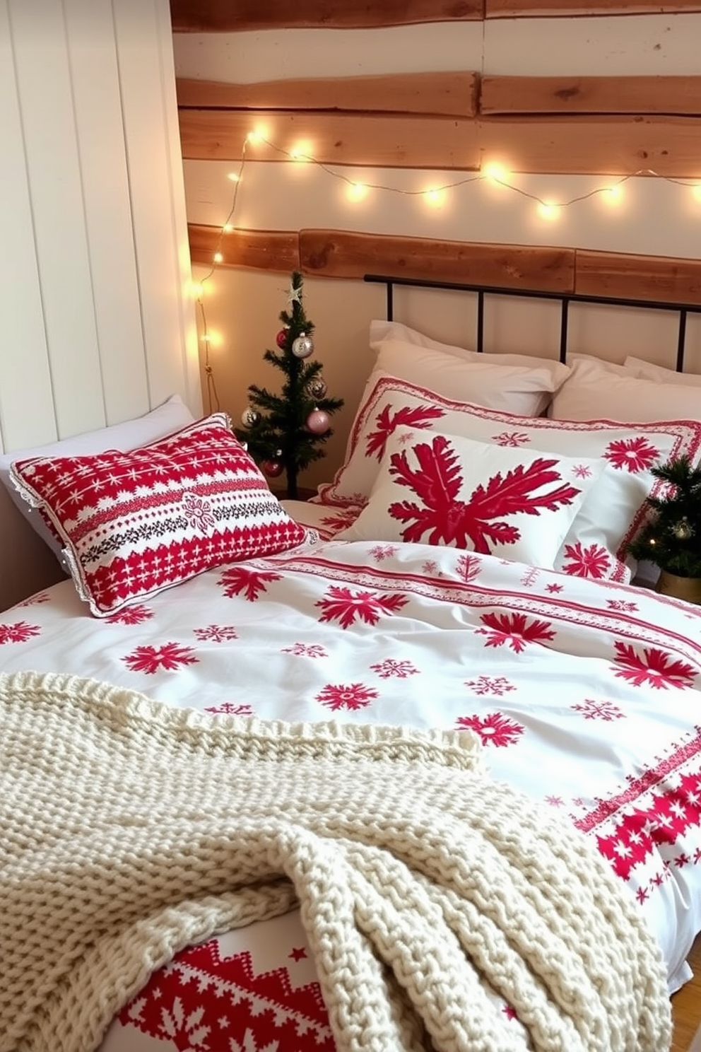 A cozy bedroom scene adorned with holiday-themed bedding sets. The duvet cover features a festive red and white pattern, complemented by matching pillowcases and a soft knit throw at the foot of the bed. Twinkling fairy lights are draped along the headboard, casting a warm glow. A small Christmas tree sits in the corner, decorated with ornaments that match the bedding, enhancing the festive atmosphere.