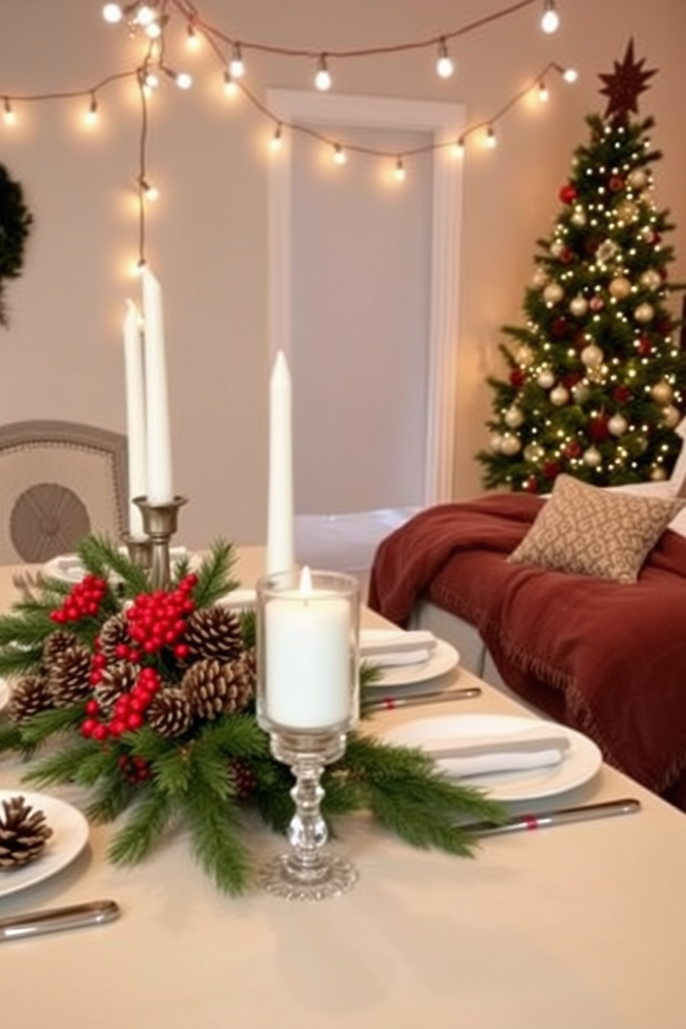 A festive dining table adorned with a rustic centerpiece featuring pinecones and vibrant red berries. The table is set with elegant dinnerware, and soft white candles flicker in the warm glow of string lights overhead. A cozy bedroom transformed for the holidays, showcasing a beautifully decorated Christmas tree in the corner. Plush pillows and a warm throw blanket in seasonal colors create an inviting atmosphere on the bed.