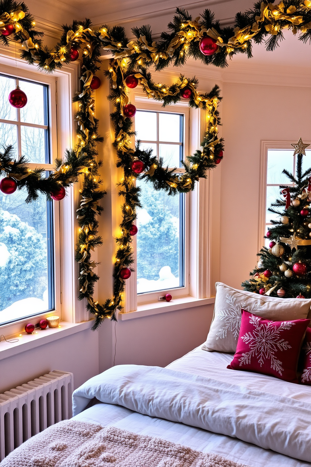 Decorative garlands drape gracefully along the window sills, adorned with twinkling fairy lights and vibrant ornaments. Soft, warm hues of gold and red enhance the festive spirit, creating a cozy and inviting atmosphere. The bedroom is transformed into a winter wonderland, with a beautifully decorated Christmas tree nestled in one corner. Plush throw pillows and a festive blanket on the bed complement the seasonal decor, making it the perfect holiday retreat.