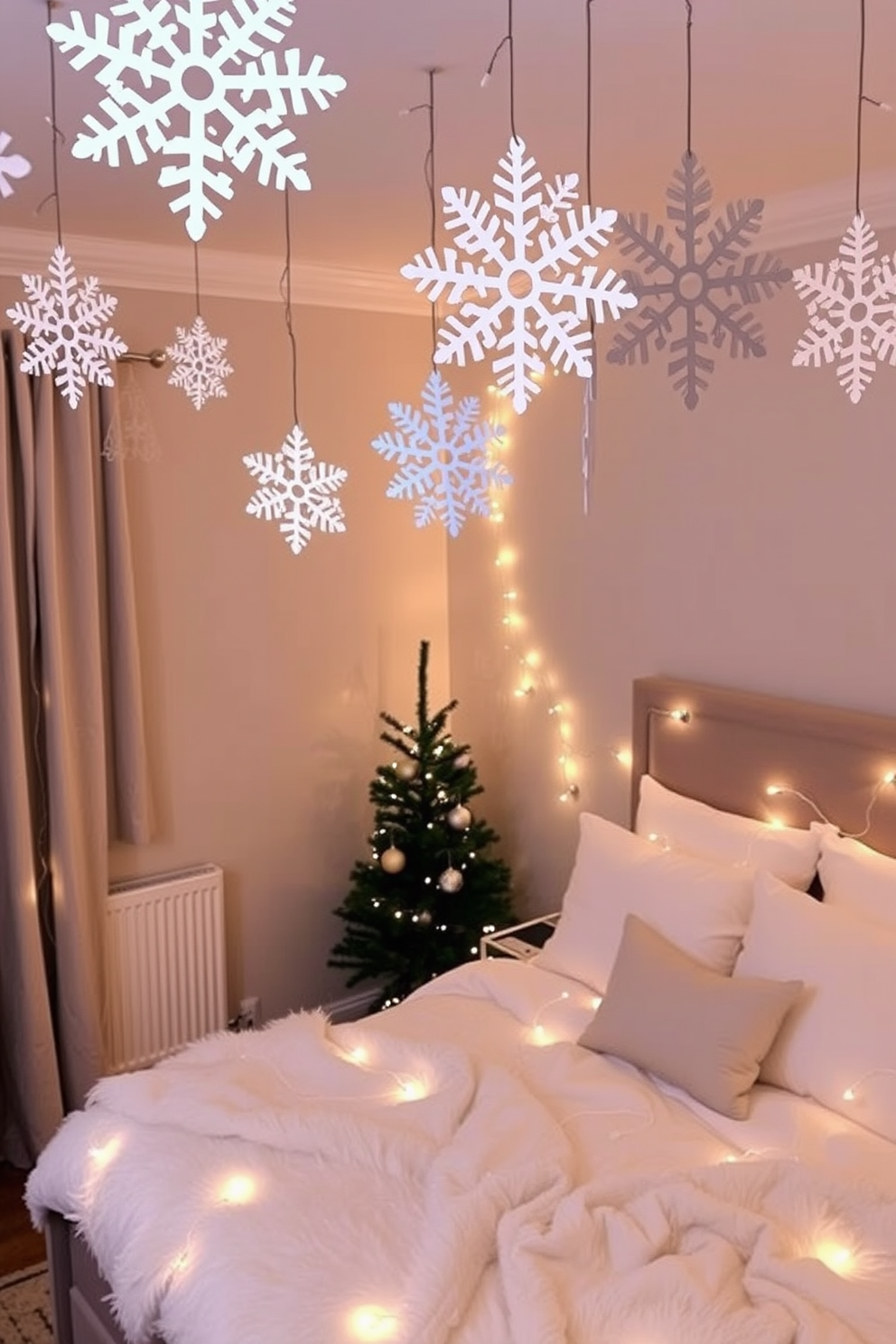 A cozy bedroom adorned for Christmas, featuring snowflake cutouts hanging from the ceiling, creating a whimsical winter atmosphere. The bed is dressed in plush white linens and surrounded by twinkling fairy lights, while a small pine tree in the corner adds a festive touch.