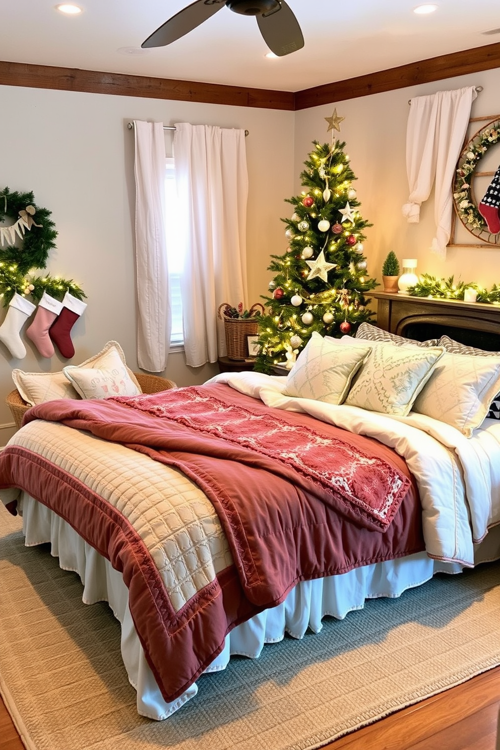 A cozy bedroom adorned with layered quilts in soft, inviting colors. The bed is the focal point, dressed in a mix of textures and patterns, creating a warm and welcoming atmosphere. The room is decorated for Christmas, featuring a beautifully decorated tree in one corner, twinkling lights, and festive ornaments. Stockings are hung above a rustic wooden mantel, adding to the holiday charm.