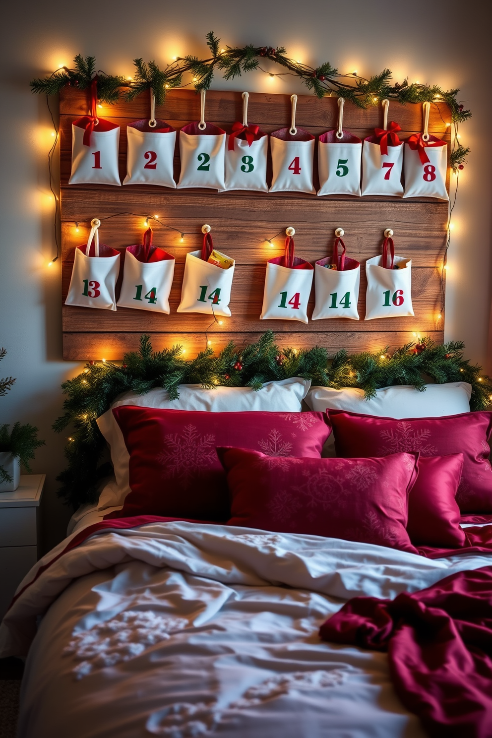 Advent calendars as wall decor. A festive display featuring a series of colorful, numbered pockets hanging on a rustic wooden board, adorned with twinkling fairy lights. Bedroom Christmas Decorating Ideas. A cozy bedroom scene with a beautifully dressed bed in rich red and gold linens, complemented by a garland of pine and berries draped over the headboard.