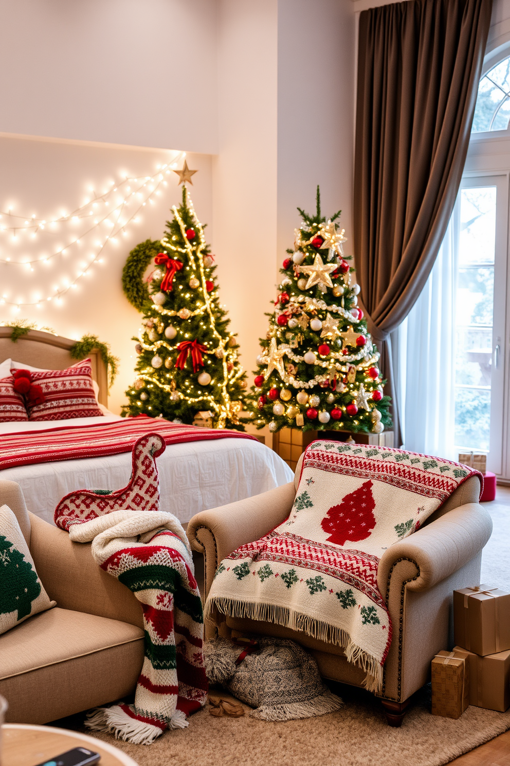 A cozy living room adorned with Christmas-themed throw blankets draped over plush armchairs. The blankets feature festive patterns in red, green, and white, creating a warm and inviting atmosphere perfect for the holiday season. A serene bedroom transformed into a winter wonderland with elegant Christmas decorations. Soft fairy lights twinkle above the bed, while a beautifully adorned Christmas tree stands in the corner, surrounded by carefully wrapped gifts.