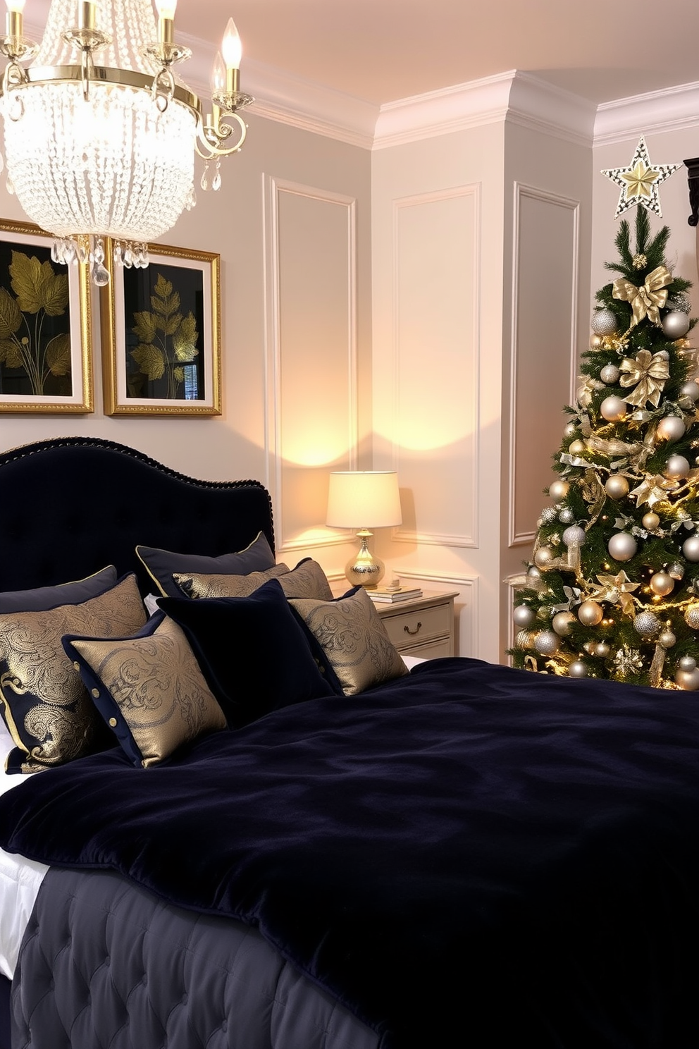 A cozy bedroom adorned with gold and silver accents, featuring a plush velvet bedspread in deep navy. Elegant throw pillows with metallic patterns complement the bedding, while a shimmering silver chandelier hangs above, casting a warm glow. The walls are decorated with framed artwork that incorporates gold leaf details, enhancing the festive atmosphere. A beautifully decorated Christmas tree stands in the corner, adorned with silver and gold ornaments, twinkling fairy lights, and a luxurious star on top.