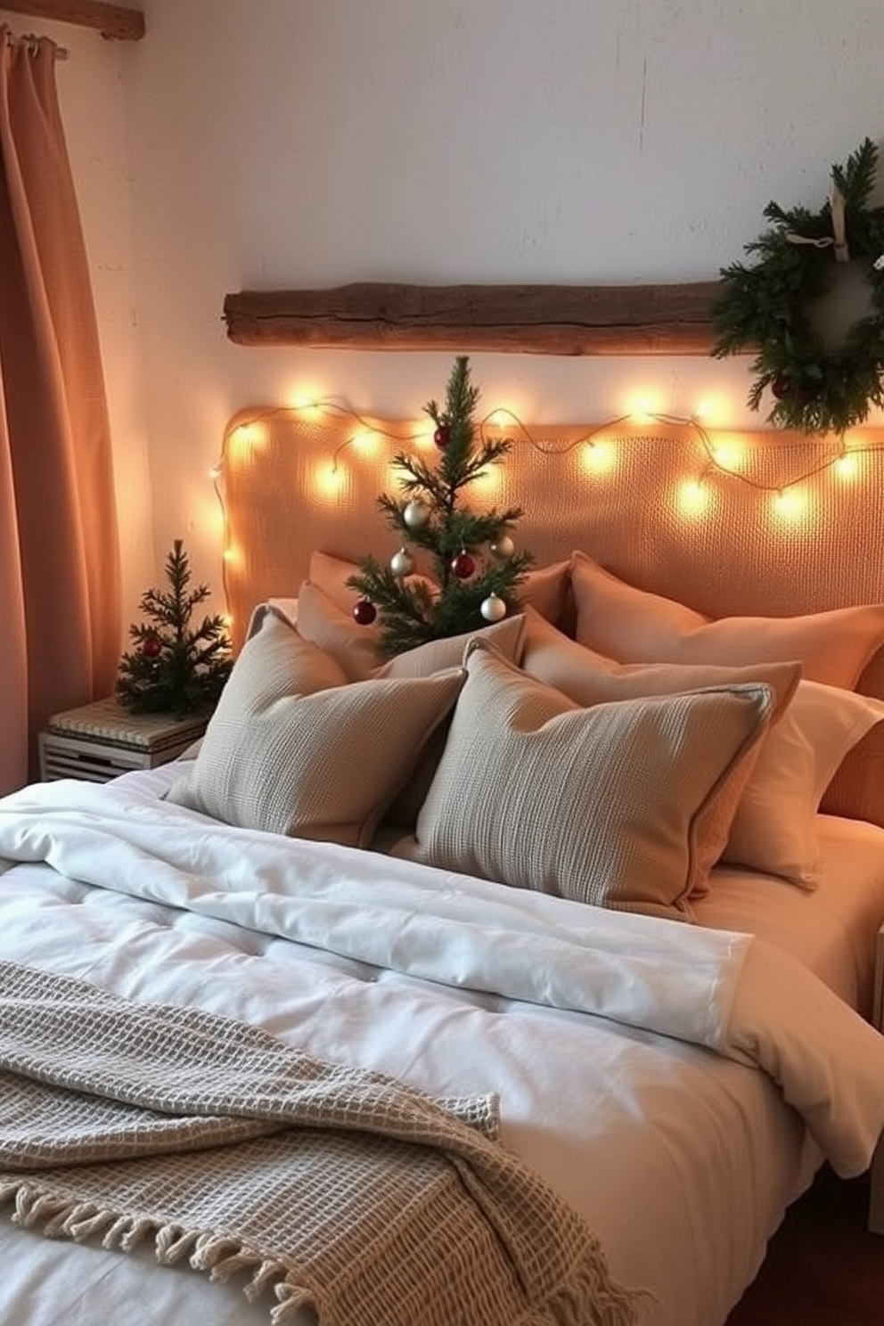 A cozy bedroom adorned with burlap and linen fabrics, creating a rustic yet festive atmosphere. The bed is dressed in a soft linen duvet cover, complemented by burlap throw pillows and a knitted blanket draped at the foot. Twinkling fairy lights are strung across the headboard, casting a warm glow throughout the room. A small pine tree, decorated with simple ornaments, sits in the corner, adding a touch of holiday cheer to the rustic decor.