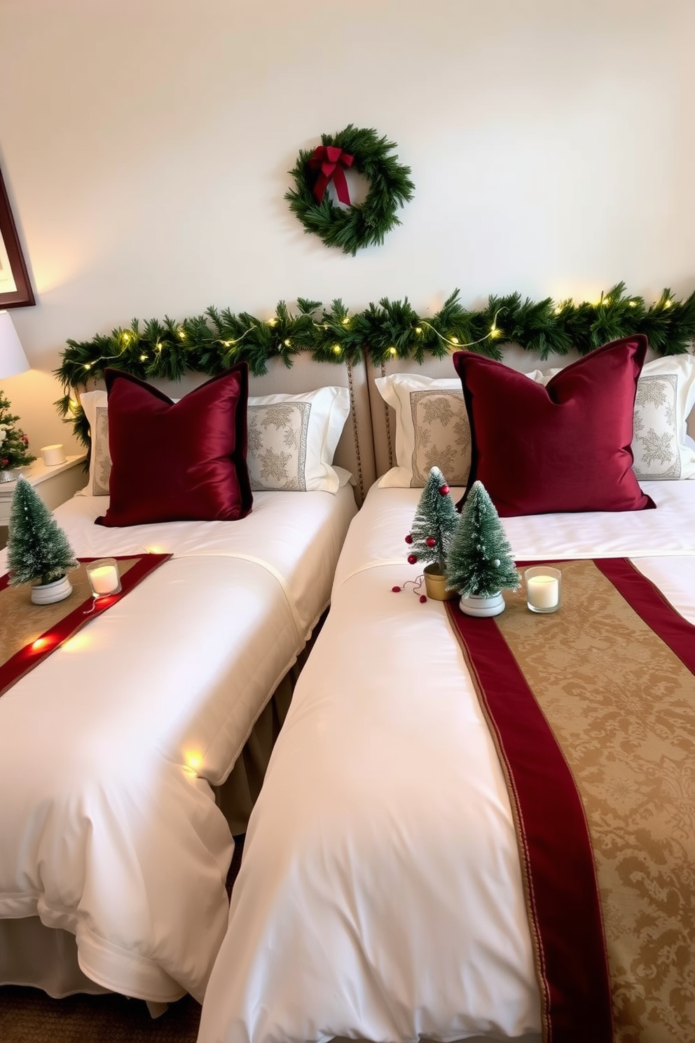 A cozy bedroom adorned with festive table runners draped elegantly over the nightstands. The nightstands are topped with twinkling fairy lights, and seasonal decor items like small pine trees and candle holders create a warm, inviting atmosphere. The bed is dressed in luxurious bedding featuring holiday-themed patterns, complemented by plush throw pillows in rich, festive colors. A garland of greenery is artfully arranged along the headboard, adding a touch of natural beauty to the Christmas decor.