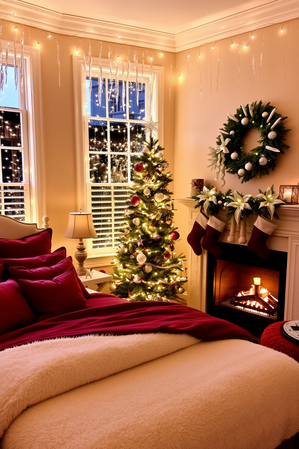 Icicle lights gracefully frame the windows, casting a warm, twinkling glow throughout the room. Plush bedding in deep red and soft white complements the festive atmosphere, while a beautifully adorned Christmas tree stands in one corner, adorned with shimmering ornaments. The walls are painted in a cozy, soft beige, creating a serene backdrop for the holiday decor. Stockings hang from the mantle above a crackling fireplace, adding to the inviting ambiance of this festive bedroom retreat.