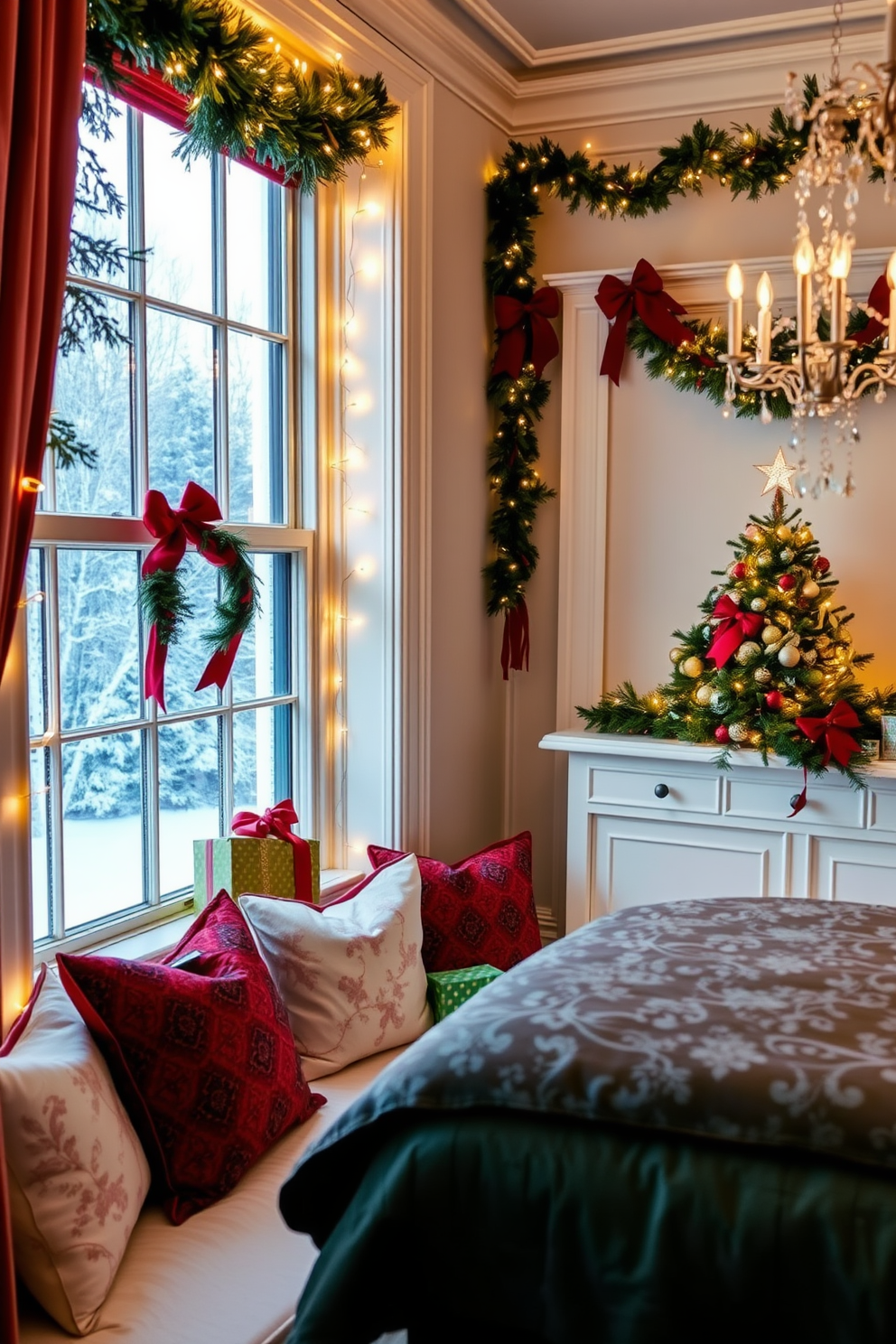 Cushioned window seats adorned with festive holiday decor create a cozy and inviting atmosphere. Soft, plush cushions in rich red and green patterns complement the snowy landscape outside, while twinkling fairy lights are draped along the window frame. The bedroom is transformed into a winter wonderland with elegant Christmas decorations. A beautifully decorated tree stands in the corner, surrounded by wrapped gifts, while garlands of pine and holly are tastefully hung above the bed and along the mantel.