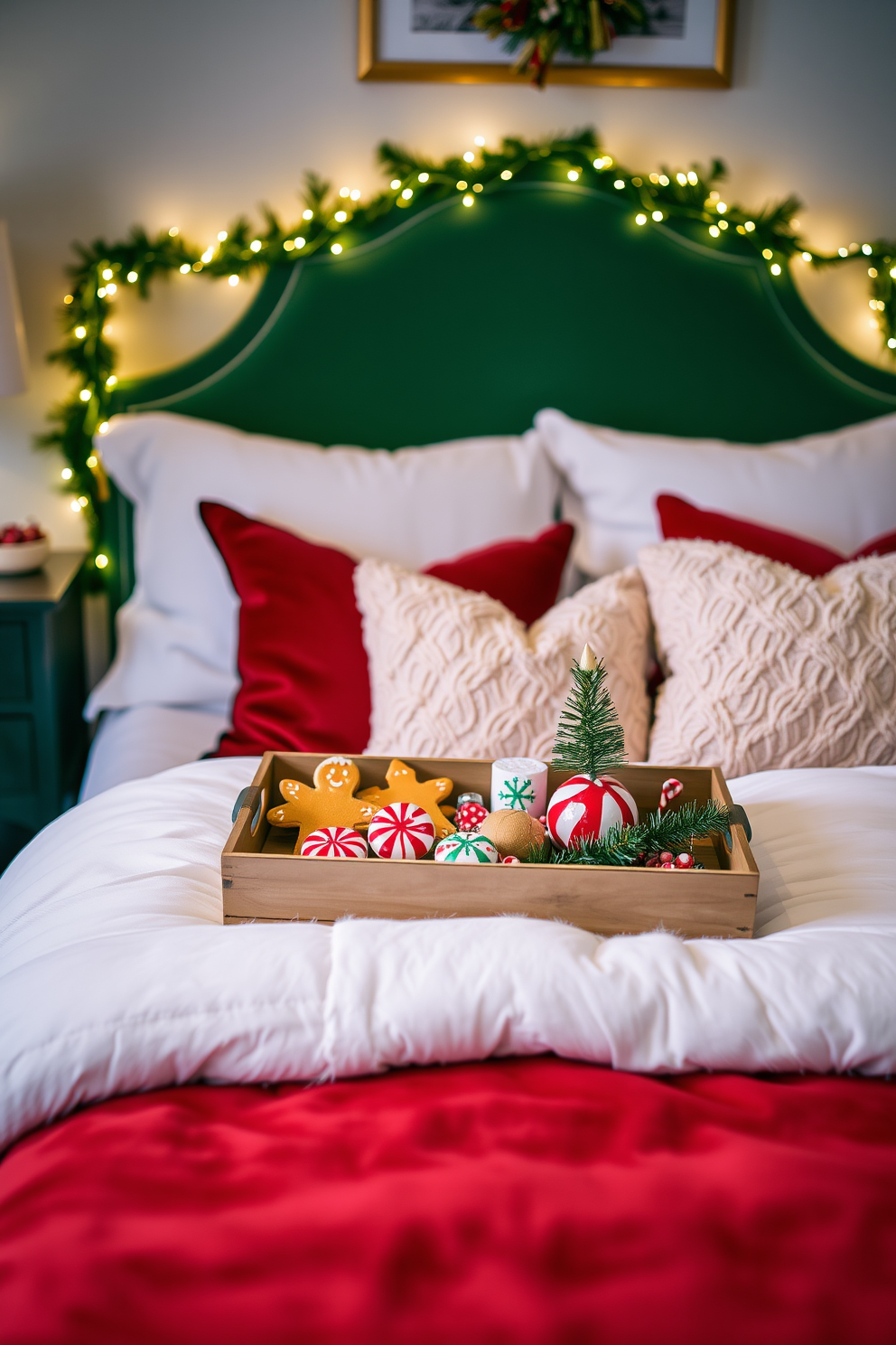 A cozy bedroom adorned for the holidays, featuring a beautifully arranged decorative tray on the bedside table. The tray holds an assortment of festive treats, including gingerbread cookies, peppermint candies, and a small evergreen sprig for a touch of seasonal charm. Soft, twinkling lights drape around the headboard, casting a warm glow across the room. Plush red and green pillows complement a luxurious white comforter, enhancing the inviting atmosphere of this festive retreat.