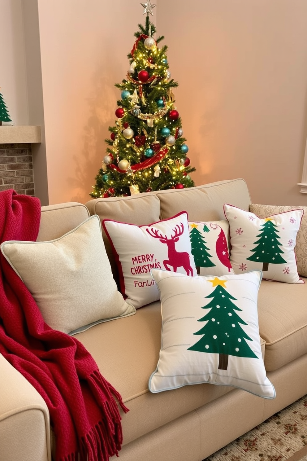 Festive pillows adorned with holiday motifs are arranged on a plush, neutral-toned sofa, creating a warm and inviting atmosphere. The pillows feature various designs, including snowflakes, reindeer, and Christmas trees, adding a cheerful touch to the room. A beautifully decorated Christmas tree stands in the corner, draped in twinkling lights and colorful ornaments that complement the festive pillows. Soft, cozy throws are layered on the sofa, inviting guests to relax and enjoy the holiday spirit.