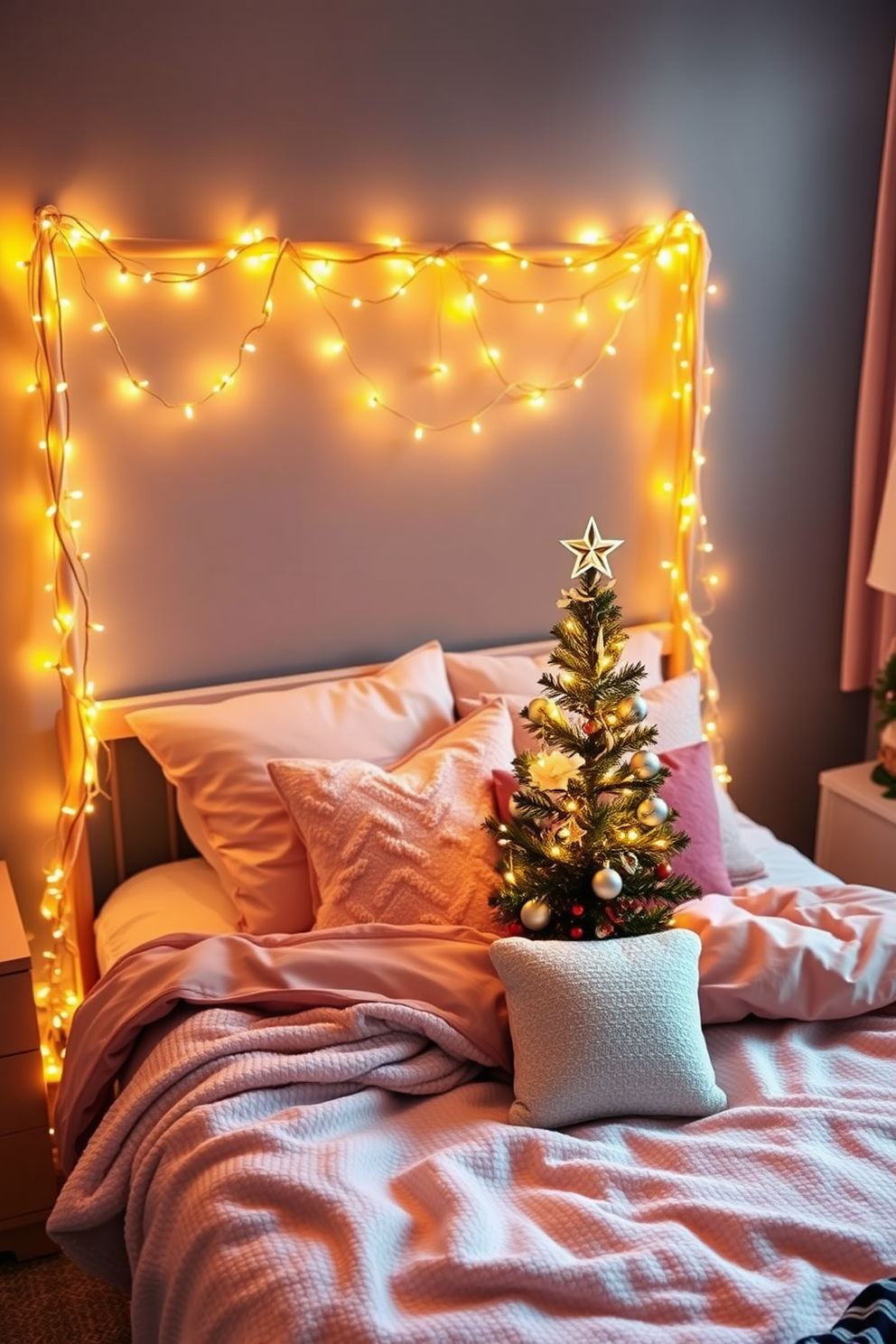 A cozy bedroom adorned for the holidays features a bedframe draped with warm, twinkling string lights that create a magical ambiance. Soft, plush bedding in festive colors complements the cheerful decor, while a small Christmas tree stands in the corner, adorned with delicate ornaments and a star on top.