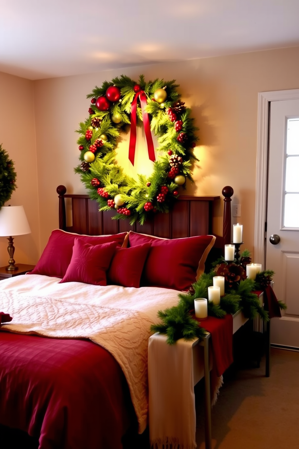 A cozy bedroom adorned for Christmas, featuring a beautifully crafted wreath hung above the bed, decorated with red and gold ornaments. Soft, warm lighting casts a gentle glow, enhancing the festive atmosphere with plush bedding in rich, seasonal colors. A charming entryway decorated for the holidays, showcasing a vibrant wreath hung above the door, adorned with pinecones and bright red berries. The space is complemented by a small console table draped with a festive runner and topped with candles and holiday-themed decor.