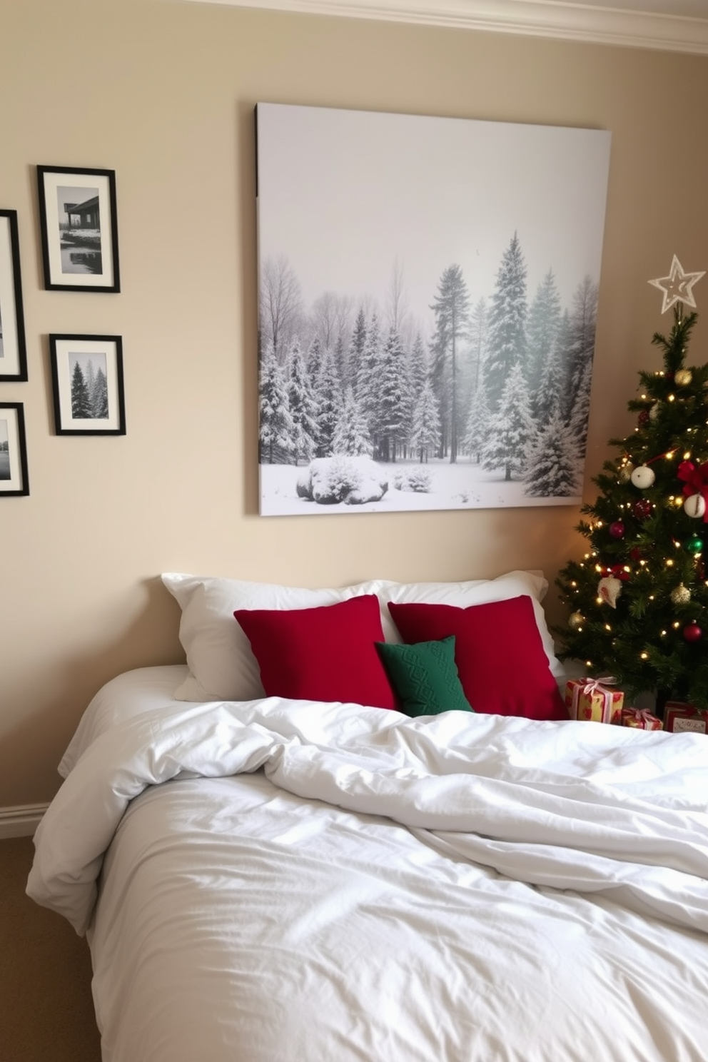 A cozy bedroom adorned with seasonal artwork depicting serene winter scenes. The walls are decorated with framed prints of snowy landscapes, and a large canvas of a tranquil forest in winter hangs above the bed. The bed is draped in a plush white duvet with festive red and green throw pillows. A small, decorated Christmas tree sits in the corner, twinkling with warm lights and surrounded by wrapped gifts.