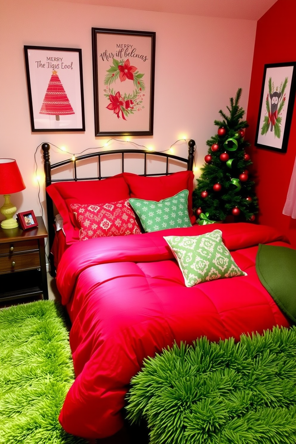 A cozy bedroom adorned in a festive red and green color scheme. The bed is dressed in a deep red duvet with green and white patterned throw pillows, while a plush green rug lies beneath the bed, adding warmth to the space. On the walls, holiday-themed artwork features red and green accents, creating a cheerful atmosphere. String lights drape across the headboard, and a small Christmas tree sits in the corner, decorated with red ornaments and a green ribbon.