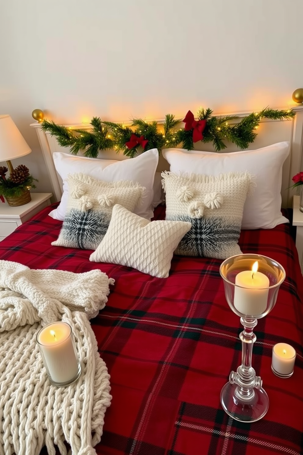 A cozy bedroom adorned with festive Christmas decorations. The bed is dressed in a rich red and green plaid duvet, surrounded by fluffy white pillows and a knitted throw blanket. On the nightstands, there are elegant scented candles in glass holders, each emitting warm holiday fragrances like cinnamon and pine. Twinkling fairy lights drape across the headboard, adding a soft glow to the room.