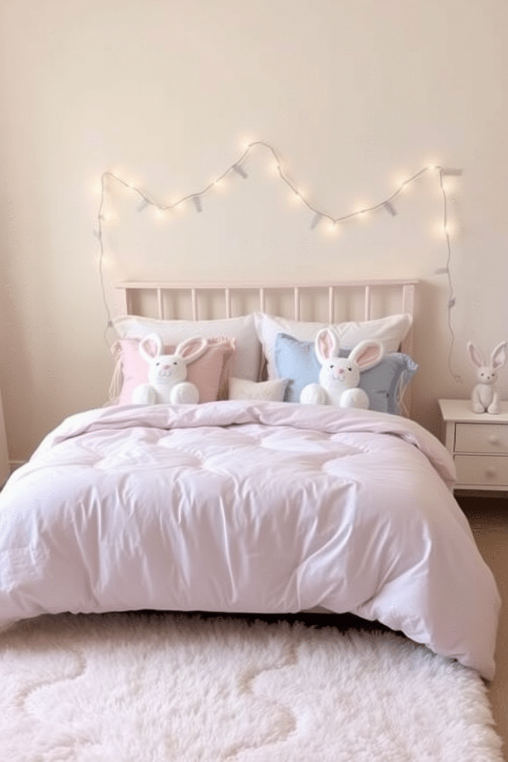 A cozy bedroom adorned with pastel bedding featuring soft shades of pink, blue, and lavender. Bunny-shaped pillows add a playful touch, complementing the overall Easter theme with their cute, fluffy designs. The walls are painted in a gentle cream color, creating a warm and inviting atmosphere. A plush area rug in a light pastel hue anchors the space, while delicate fairy lights twinkle softly above the bed for a whimsical effect.