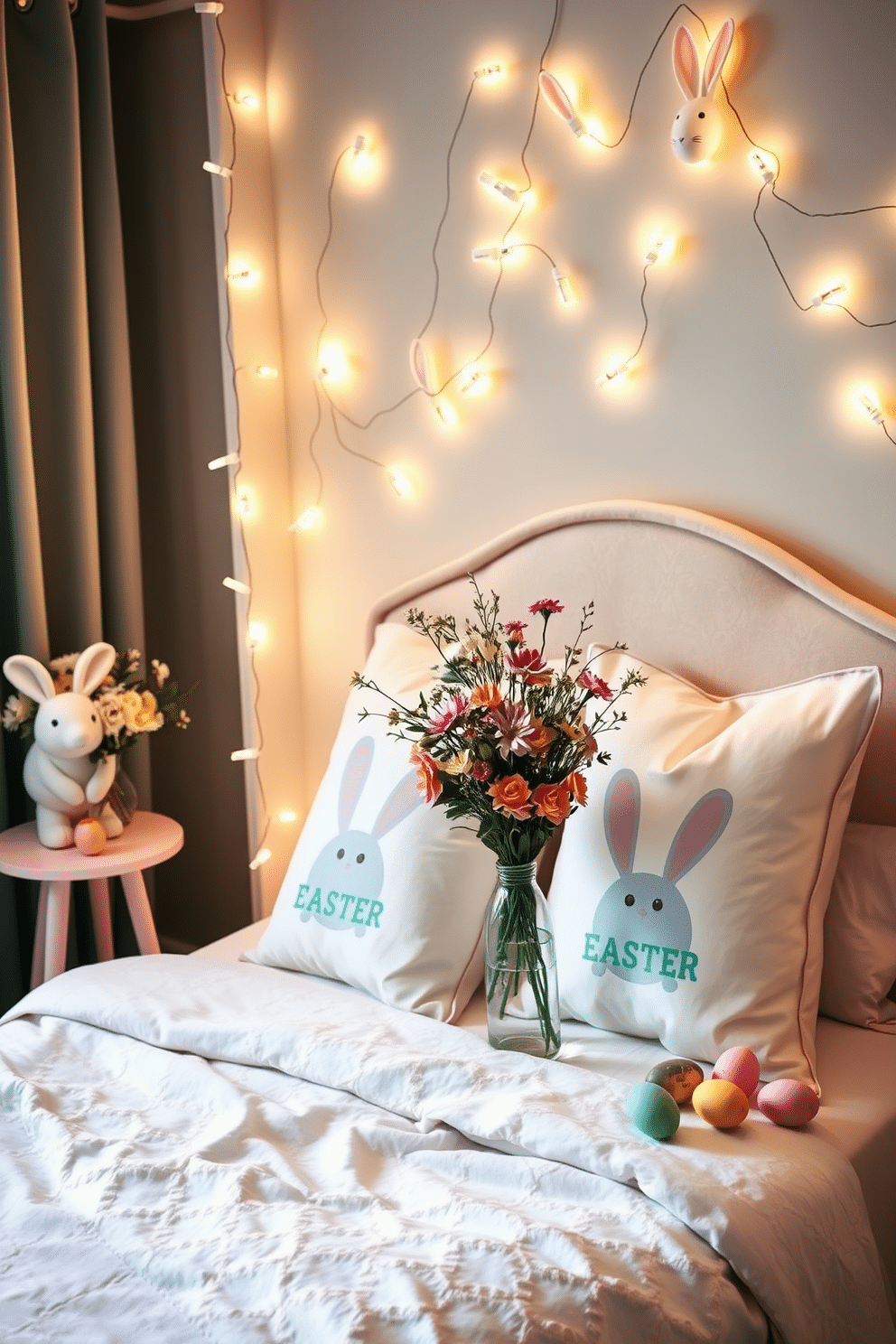 A whimsical bedroom adorned with bunny-shaped fairy lights draped across the headboard, casting a soft, warm glow throughout the space. The bed is dressed in pastel-colored linens, complemented by plush pillows featuring playful Easter motifs. In one corner, a small table displays a charming arrangement of spring flowers in a delicate vase, enhancing the festive atmosphere. Colorful Easter eggs are artfully scattered on the bedside table, adding a cheerful touch to the overall decor.