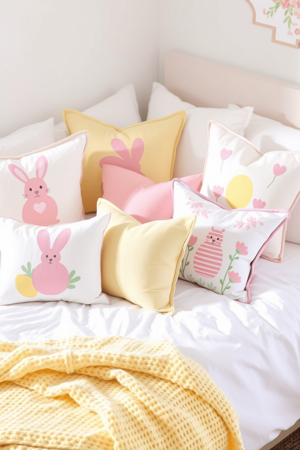 A cozy bedroom adorned with Easter-themed throw pillows in pastel colors. The pillows feature playful designs such as bunnies, eggs, and spring flowers, adding a cheerful touch to the space. The bed is dressed in crisp white linens, creating a fresh contrast against the vibrant pillows. A soft, knitted throw blanket in a light yellow hue is casually draped over the edge of the bed, enhancing the seasonal decor.