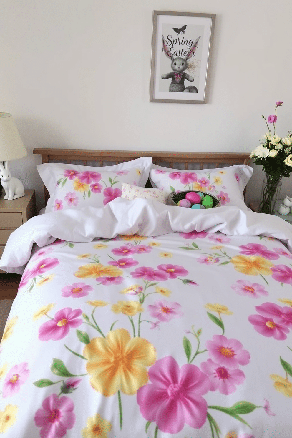 A vibrant spring-themed duvet cover adorns the bed, featuring a pattern of blooming flowers in pastel shades of pink, yellow, and lavender. The soft fabric drapes elegantly, inviting warmth and comfort into the bedroom. Easter decorations are tastefully arranged around the room, with a charming bunny figurine perched on the nightstand and colorful eggs nestled in a decorative bowl. Fresh flowers in a vase add a touch of natural beauty, enhancing the seasonal ambiance.