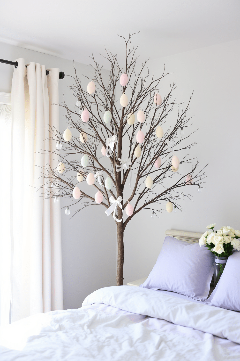 A whimsical Easter egg tree stands gracefully in the corner of a bright and airy bedroom. The tree is adorned with pastel-colored eggs, delicate ribbons, and twinkling fairy lights, creating a festive focal point. Soft, fluffy bedding in shades of lavender and mint complements the cheerful decor. Fresh flowers in a vase on the nightstand add a touch of springtime charm to the inviting space.