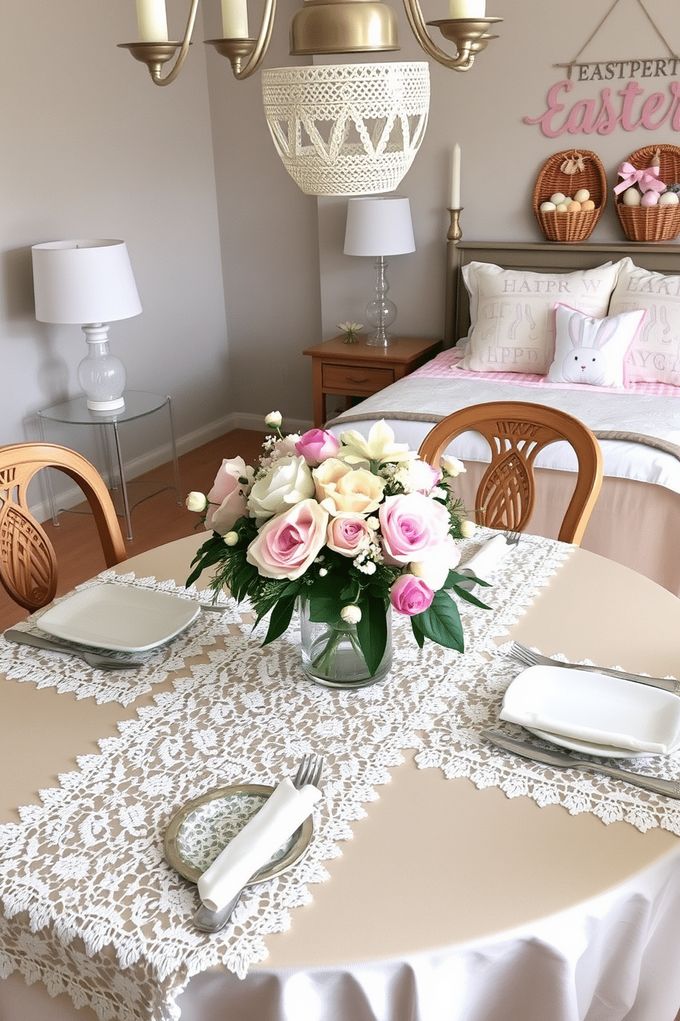 A beautifully set dining table adorned with delicate lace table runners, adding an elegant touch to the spring atmosphere. Fresh flowers in pastel hues are arranged in a centerpiece, complementing the soft textures of the lace. A cozy bedroom featuring Easter-themed decorations, with pastel-colored pillows and a quilt that showcases playful bunny motifs. Subtle touches like woven baskets filled with decorative eggs add a charming seasonal flair to the space.