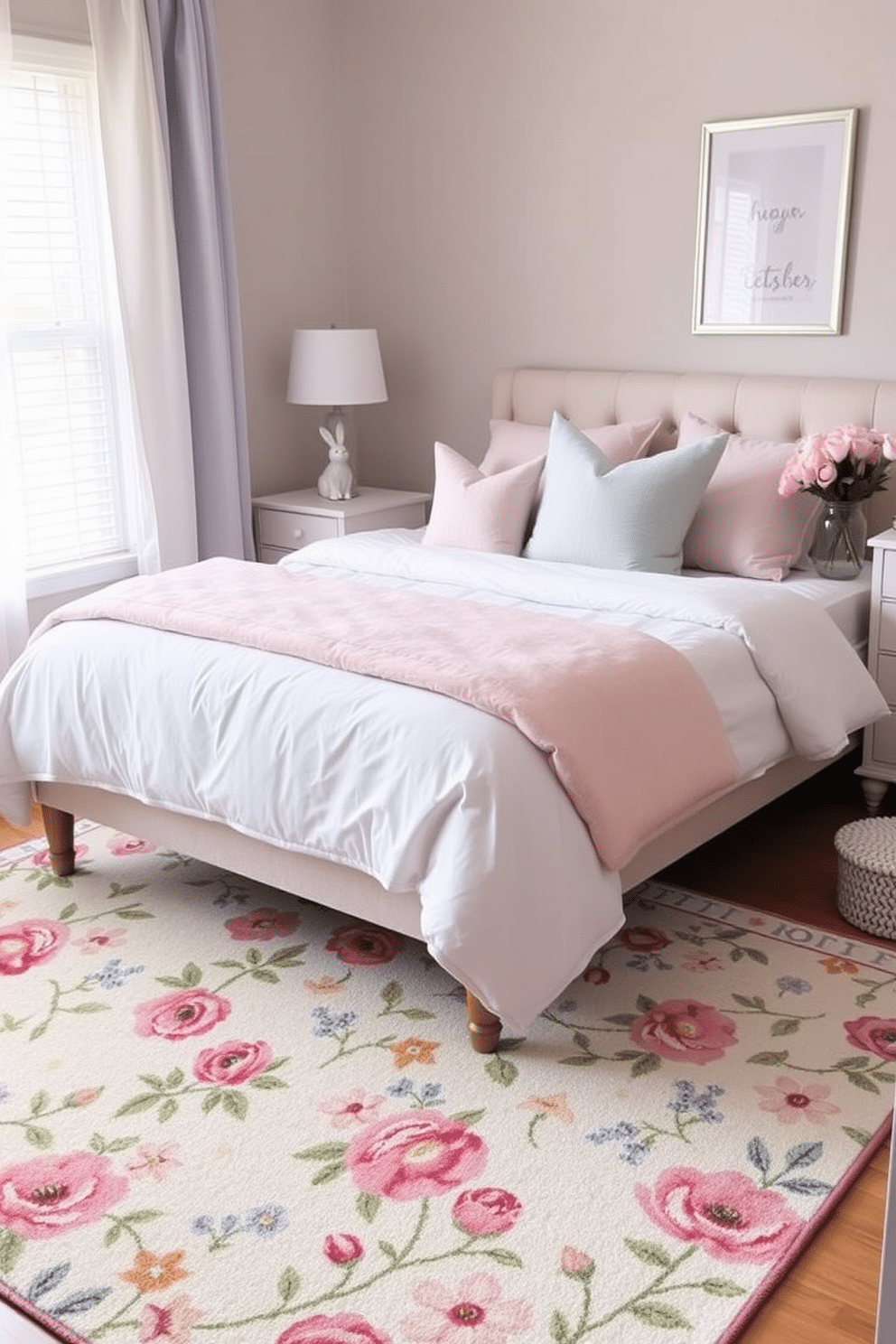 A cozy bedroom featuring a floral-patterned rug that adds a pop of color to the space. The rug is placed under a plush bed with soft, pastel bedding, complemented by decorative pillows in coordinating hues. For Easter decorating ideas, the room is adorned with delicate pastel accents, including a cheerful bunny figurine on the nightstand. Fresh flowers in a vase bring a touch of spring, while subtle Easter-themed artwork enhances the festive atmosphere.