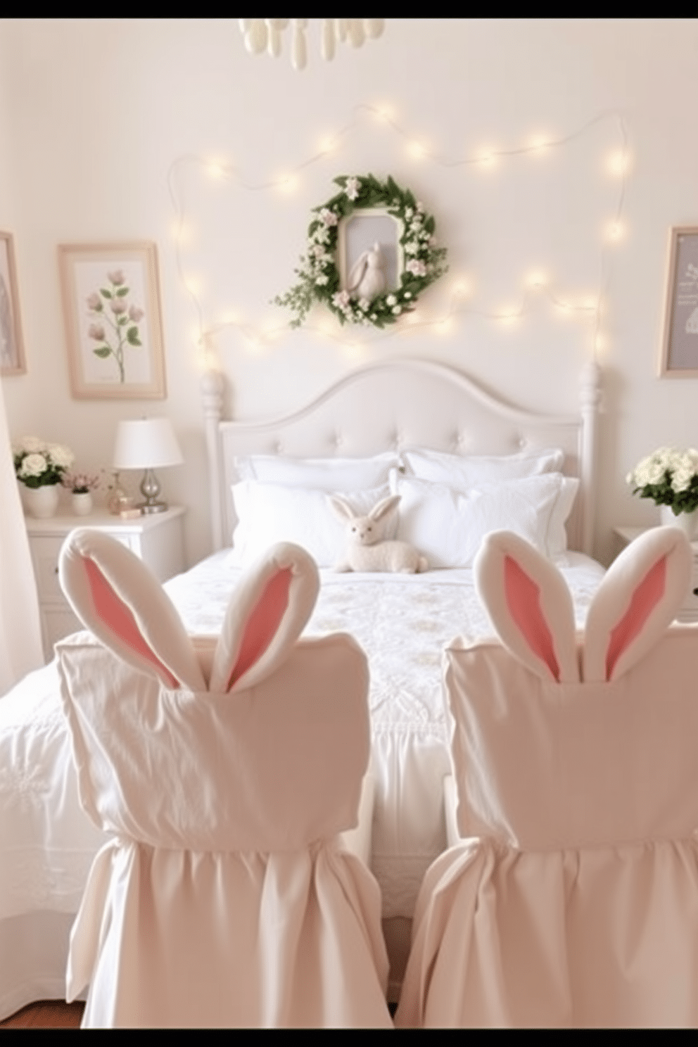 A cozy bedroom adorned with bunny-eared chair covers, adding a playful touch to the space. The soft pastel colors create a serene atmosphere, complemented by floral accents and Easter-themed decorations throughout the room. A beautifully made bed features a light, airy quilt with subtle bunny motifs, while a matching throw pillow enhances the festive decor. Delicate string lights twinkle above the headboard, casting a warm glow that invites relaxation and celebration.