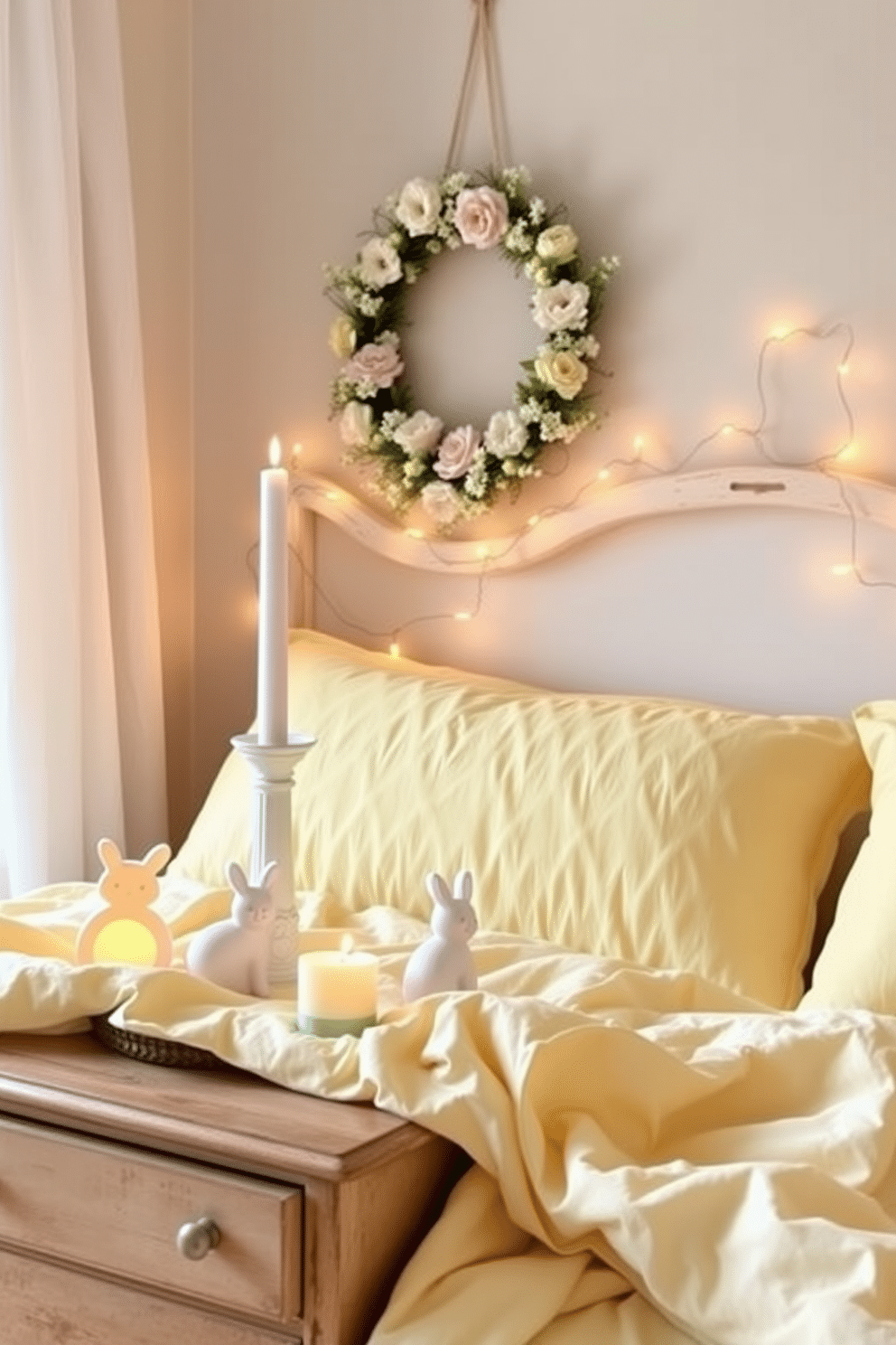 A charming bedroom adorned with Easter-themed candle holders. The candle holders are crafted in pastel colors, featuring bunny and egg designs, and are placed on a rustic wooden nightstand. Soft, fluffy bedding in light yellow complements the decor, while a decorative wreath made of spring flowers hangs above the bed. Delicate fairy lights are draped around the headboard, creating a warm and inviting atmosphere for the holiday.