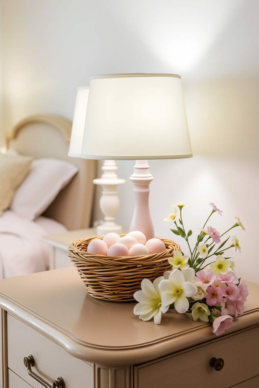 A serene bedroom setting adorned with pastel-colored lampshades that gently diffuse soft light throughout the space. The lamps are placed on elegant nightstands, complementing the overall calming aesthetic of the room. Delicate Easter decorations are artfully arranged, featuring pastel-hued eggs nestled in a wicker basket on the dresser. Fresh flowers in soft shades of pink and yellow add a cheerful touch, enhancing the festive atmosphere.