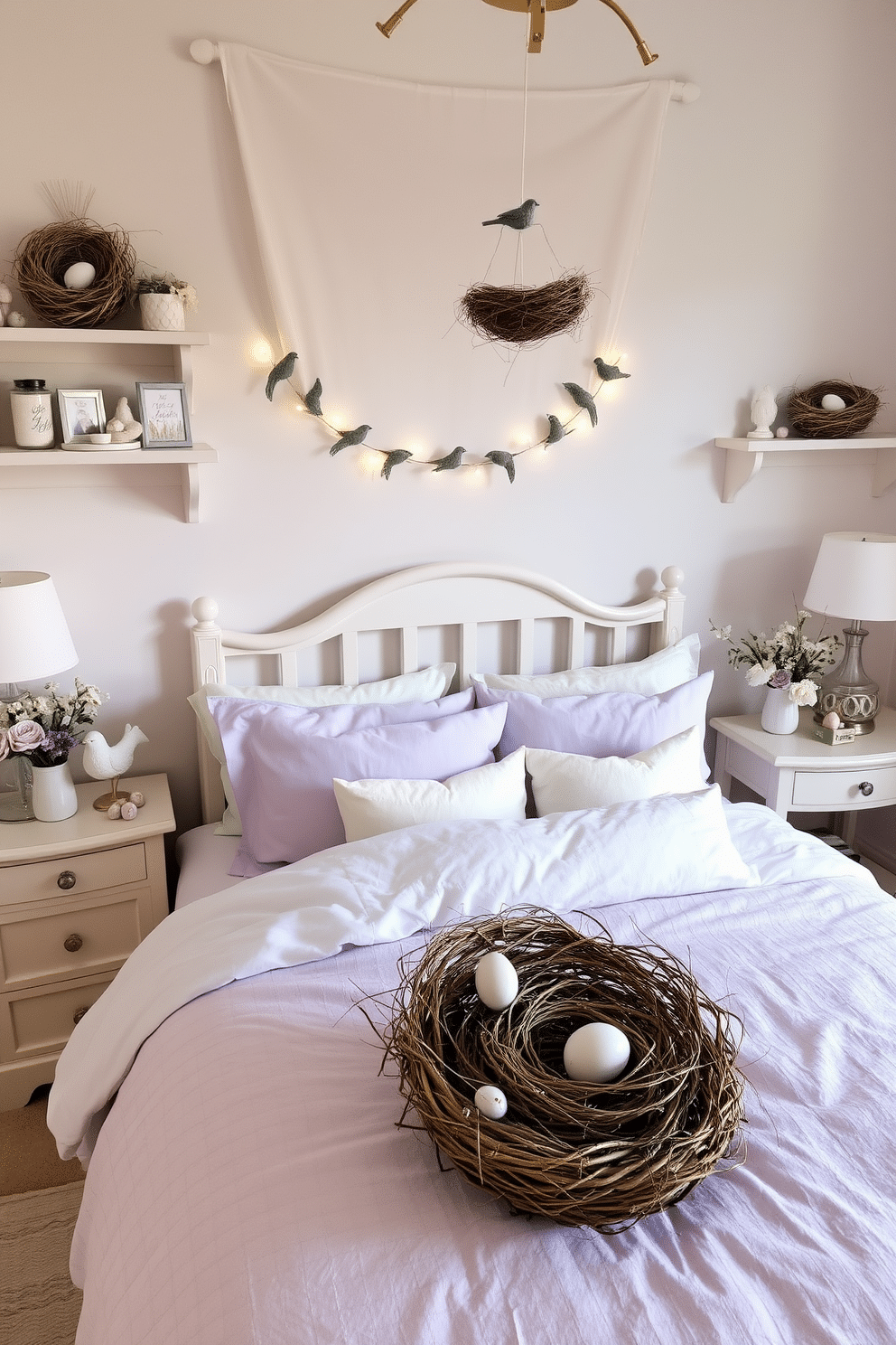 A charming bedroom adorned with decorative bird nests, featuring soft pastel colors and natural textures. The nests are artistically placed on shelves and bedside tables, complemented by delicate floral arrangements and subtle Easter-themed accents. The bedding is a light, airy fabric in shades of lavender and mint green, creating a serene atmosphere. Accents of gold and white in the decor enhance the elegance of the space, while a whimsical mobile of birds hangs gracefully from the ceiling.