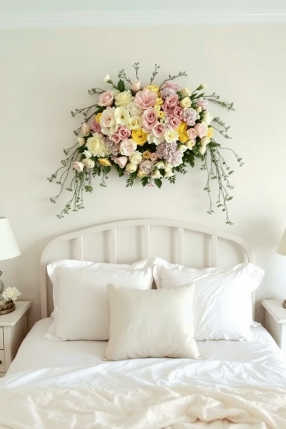 A charming bedroom setting adorned with a beautiful floral wreath above the bed, featuring an array of pastel-colored blooms. The bed is dressed in soft linens, and the walls are painted a light, airy hue, creating a serene atmosphere perfect for Easter decorating.