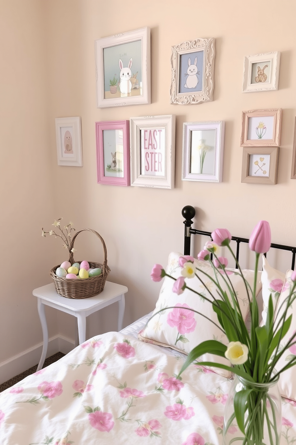 A charming bedroom adorned with Easter-themed picture frames. The frames, featuring pastel colors and whimsical designs, are arranged on a soft, cream-colored wall above a cozy bed dressed in floral bedding. A small side table beside the bed holds a decorative basket filled with colorful Easter eggs. Delicate spring flowers in a vase add a fresh touch to the room, complementing the festive decor.