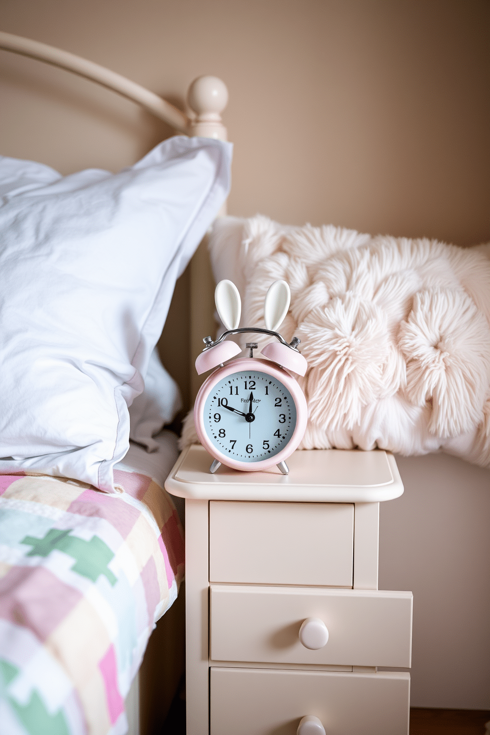 A whimsical bedroom setting featuring a bunny-shaped alarm clock on a pastel-colored bedside table. The room is adorned with soft, fluffy pillows and a cozy quilt, creating a playful yet inviting atmosphere for Easter.